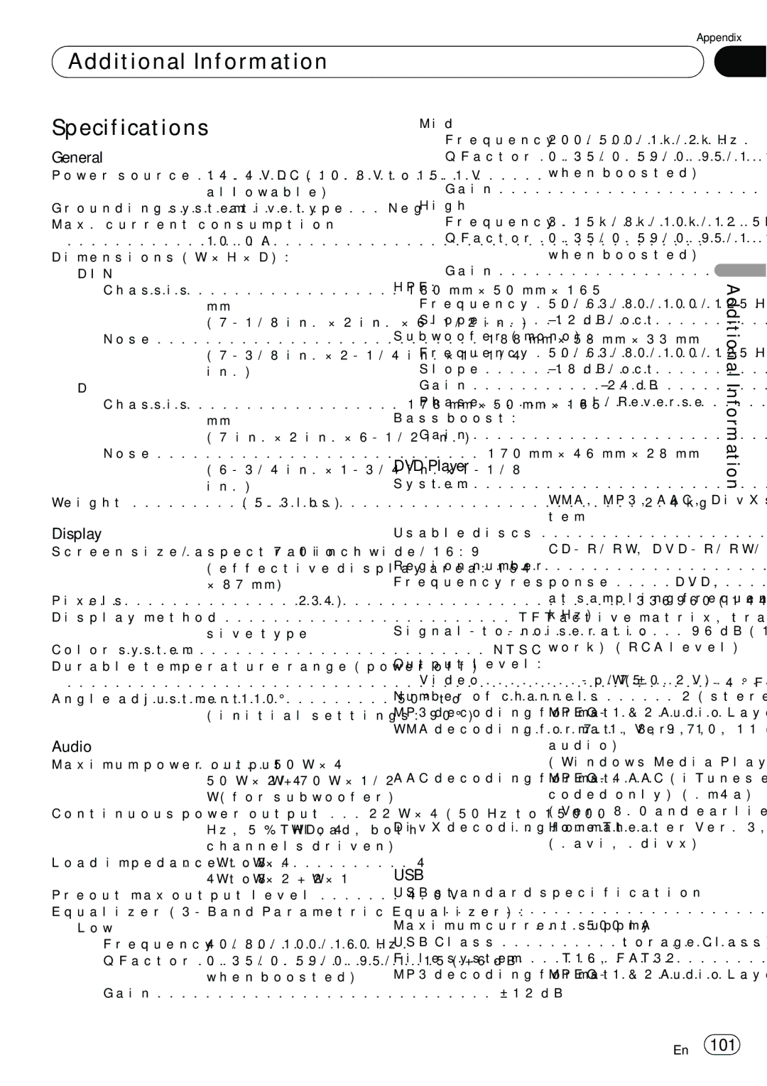 Pioneer AVH-P5100DVD operation manual Additional Information Specifications, General, DVD Player, Audio, Usb 