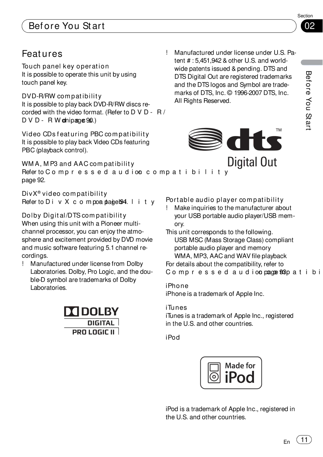 Pioneer AVH-P5100DVD operation manual Before You Start Features 