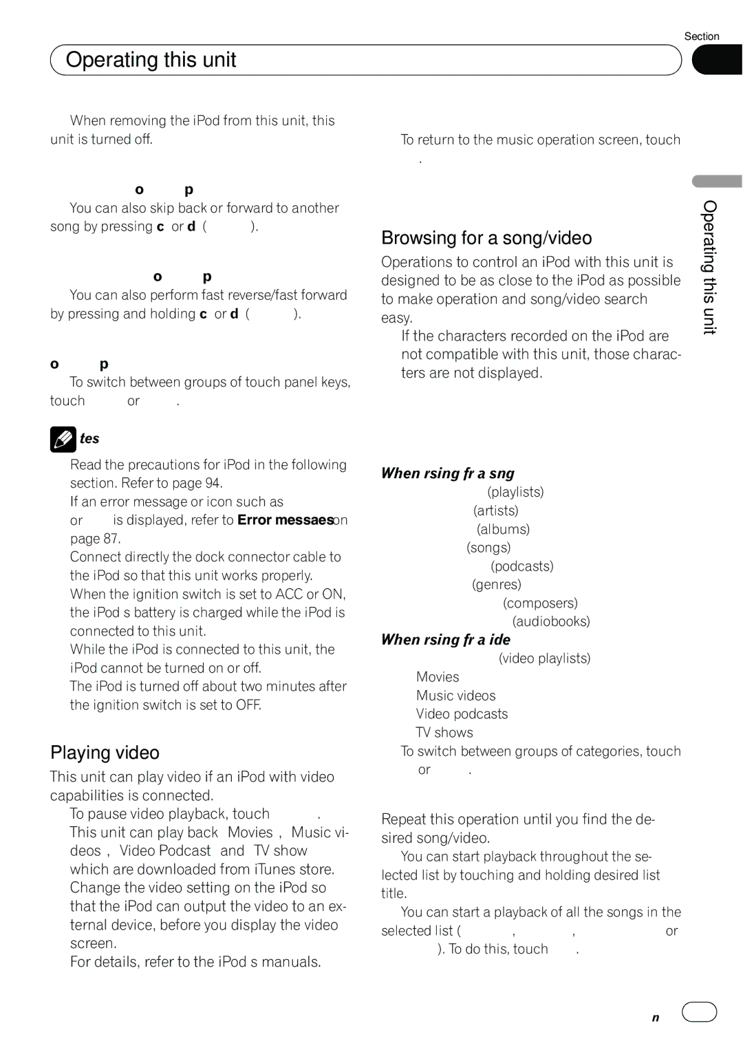 Pioneer AVH-P5100DVD operation manual Playing video, Browsing for a song/video 