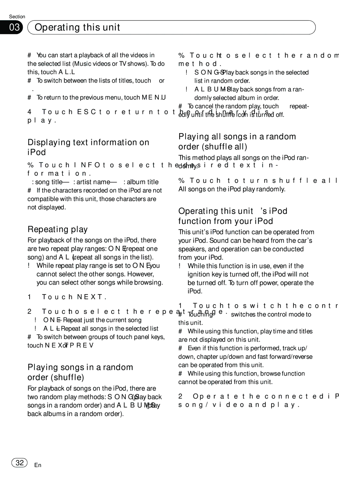 Pioneer AVH-P5100DVD operation manual Displaying text information on iPod, Playing songs in a random order shuffle 