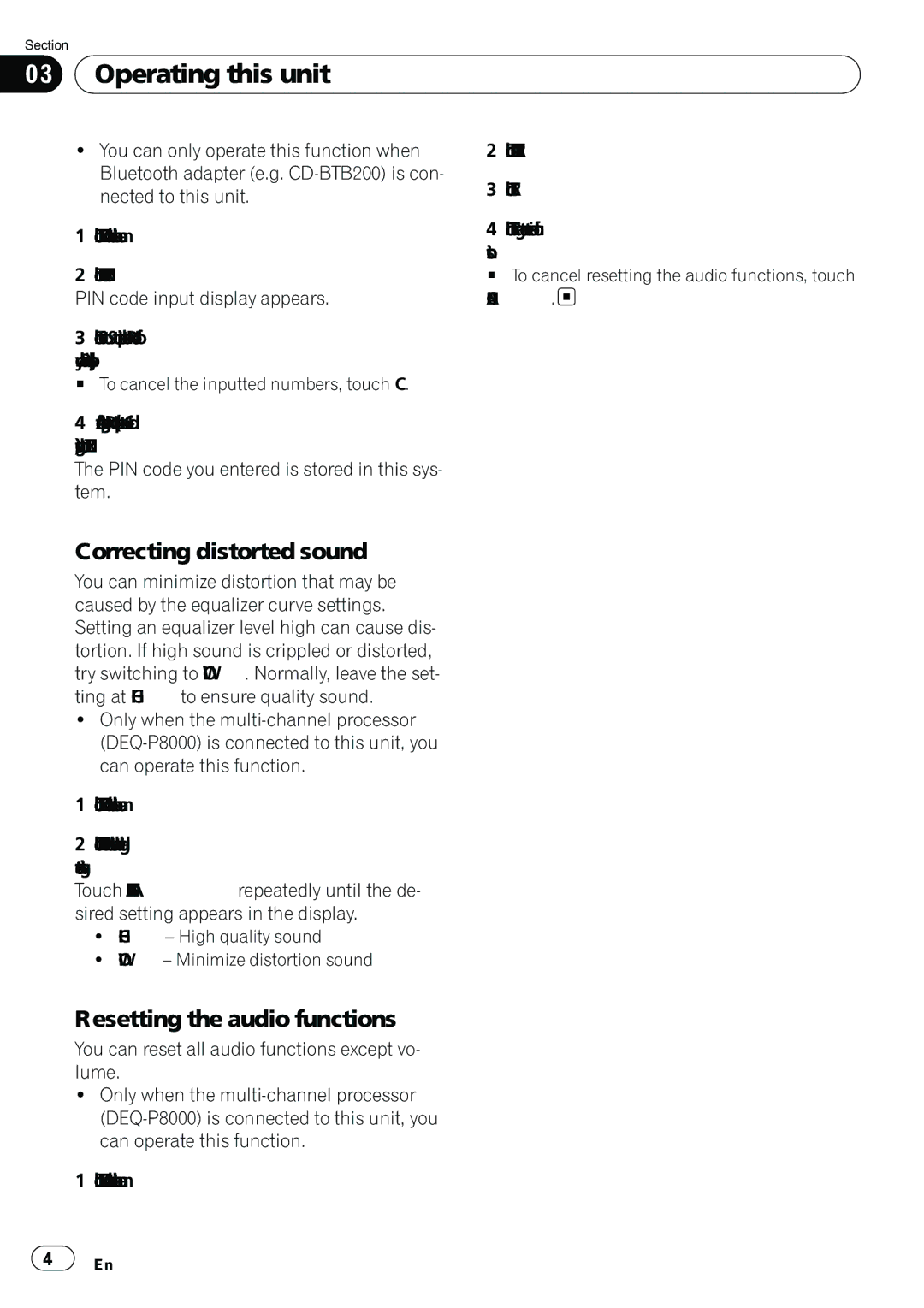Pioneer AVH-P5100DVD Correcting distorted sound, Resetting the audio functions, PIN code input display appears, Cancel 