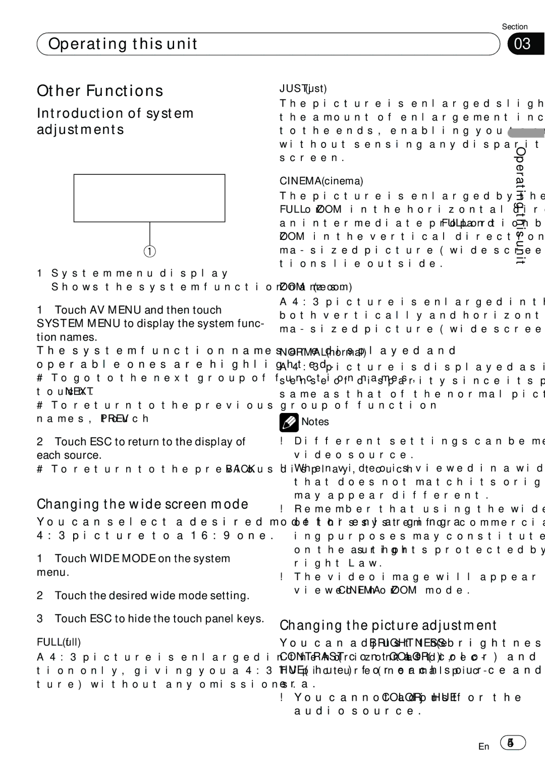 Pioneer AVH-P5100DVD Operating this unit Other Functions, Introduction of system, Changing the wide screen mode 