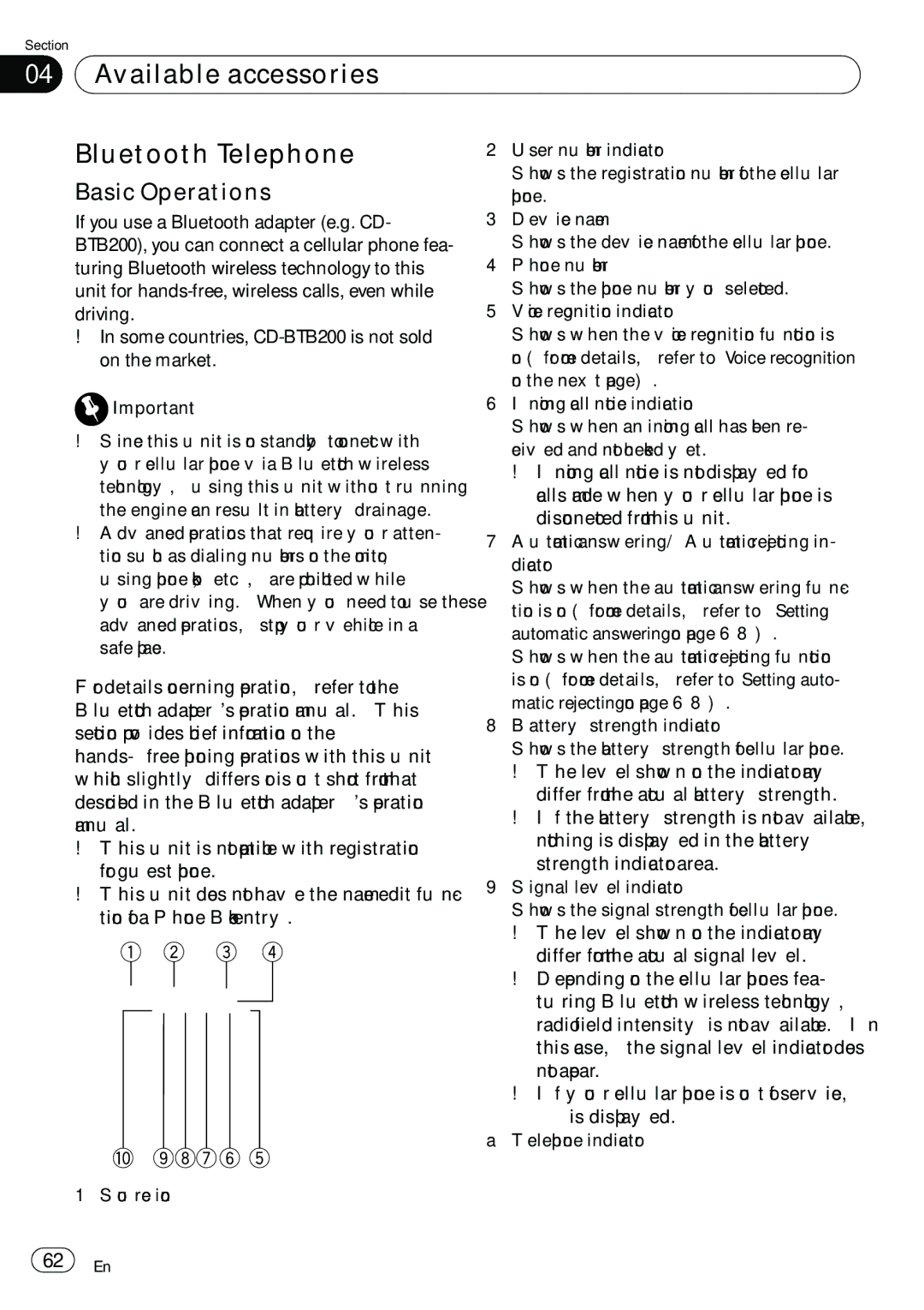 Pioneer AVH-P5100DVD operation manual Available accessories Bluetooth Telephone 