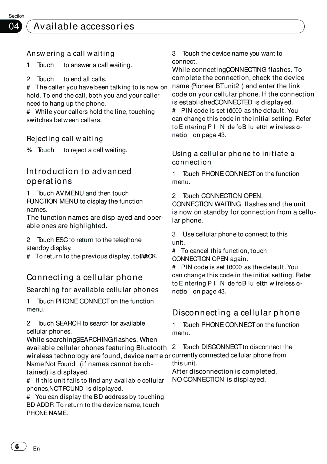 Pioneer AVH-P5100DVD operation manual Connecting a cellular phone, Disconnecting a cellular phone 