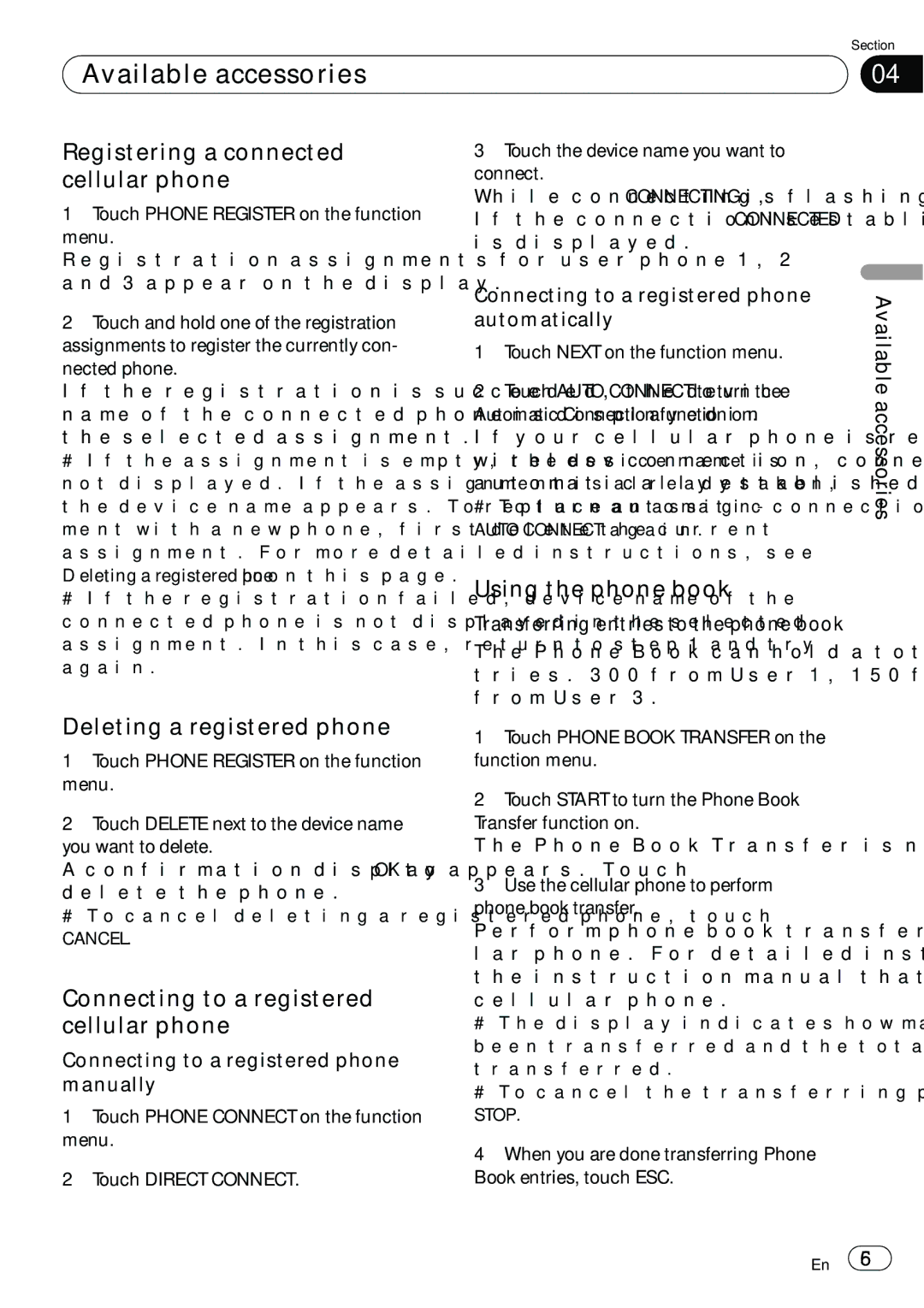 Pioneer AVH-P5100DVD Registering a connected cellular phone, Deleting a registered phone, Using the phone book 