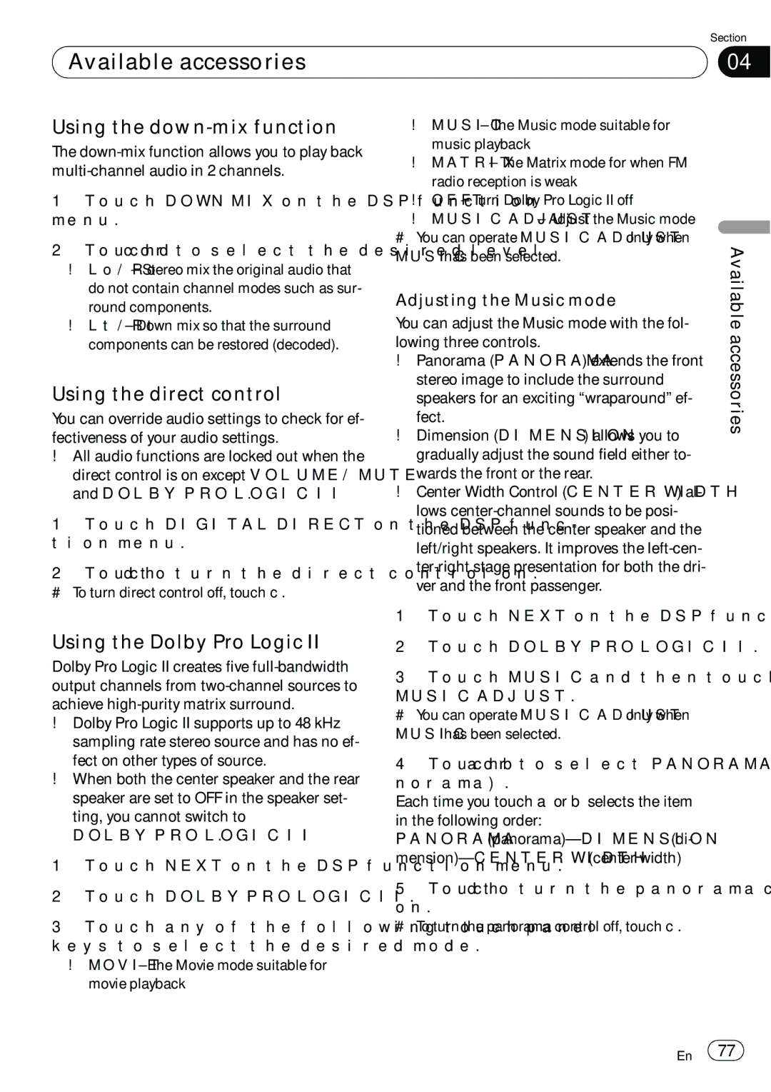 Pioneer AVH-P5100DVD operation manual Using the down-mix function, Using the direct control, Using the Dolby Pro Logic 