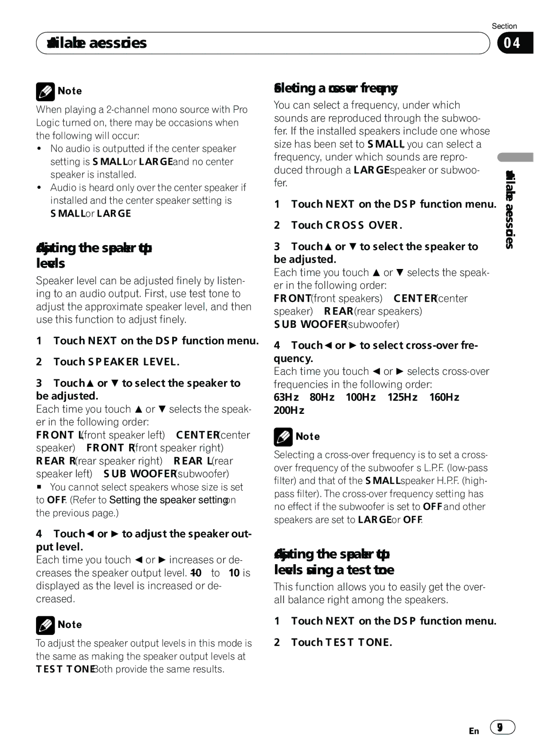 Pioneer AVH-P5100DVD operation manual Adjusting the speaker output levels, Selecting a cross-over frequency 