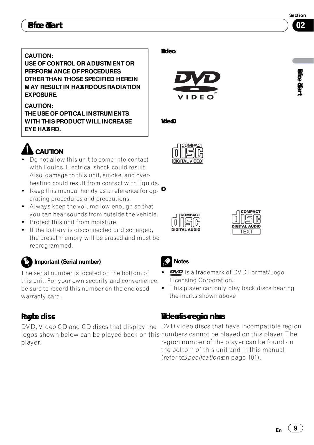 Pioneer AVH-P5100DVD operation manual Before You Start, Playable discs, DVD video disc region numbers 