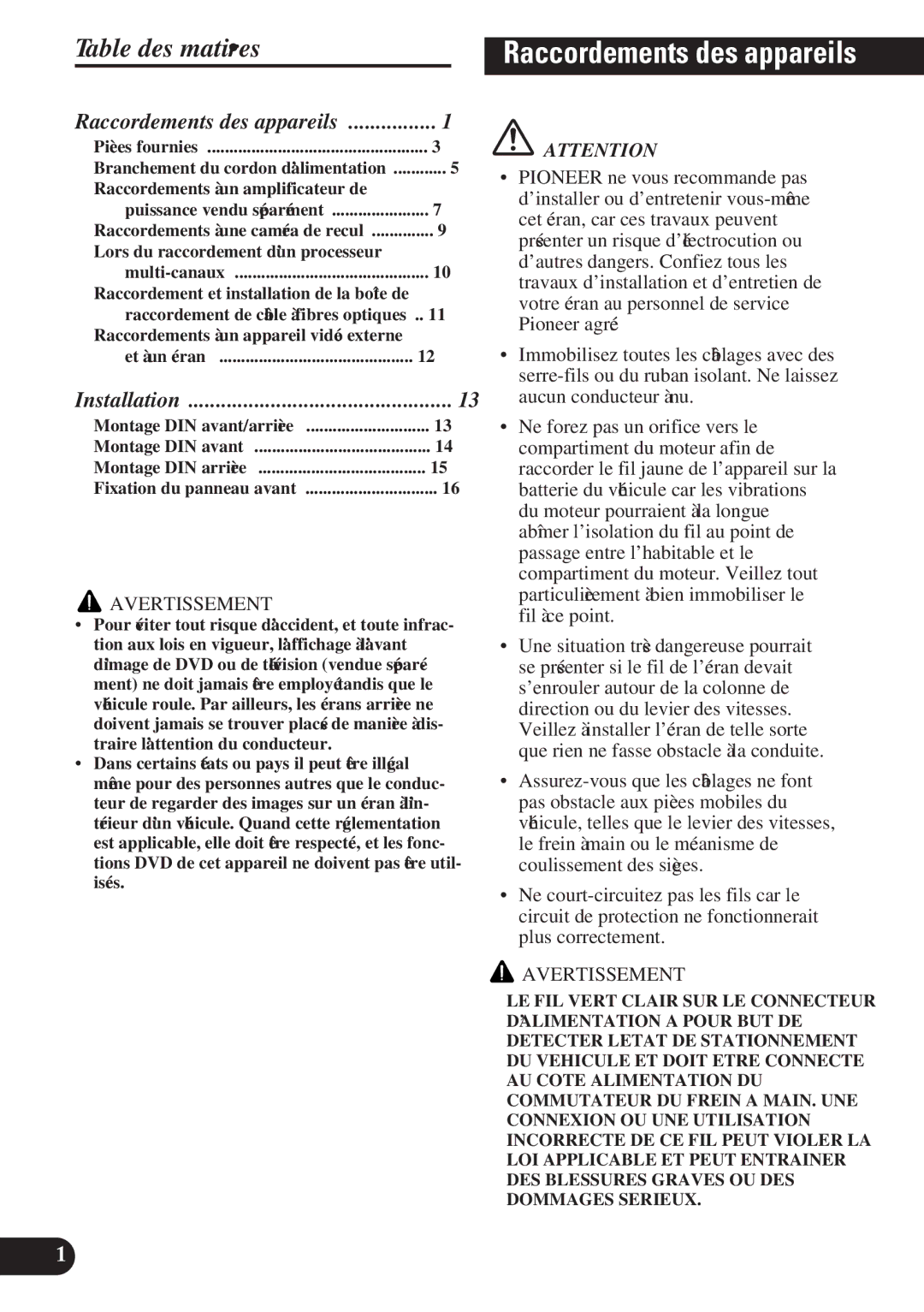 Pioneer AVH-P5100DVD installation manual Raccordements des appareils, Table des matières 