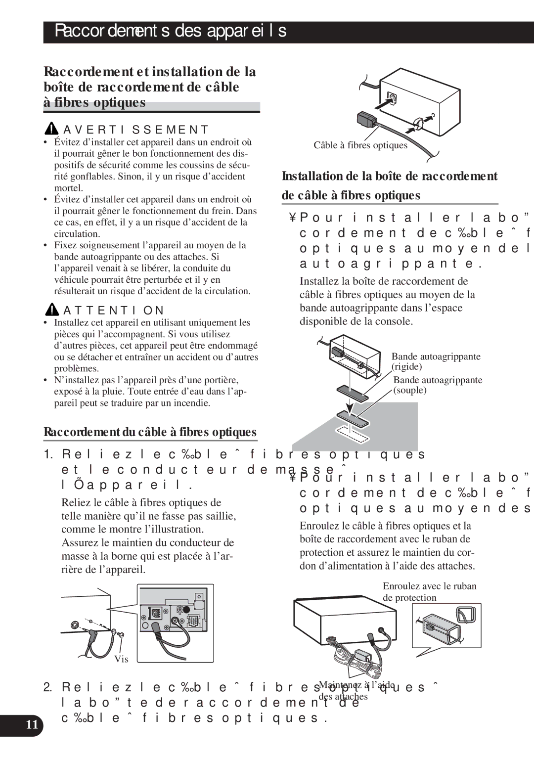 Pioneer AVH-P5100DVD installation manual Raccordement du câble à fibres optiques 