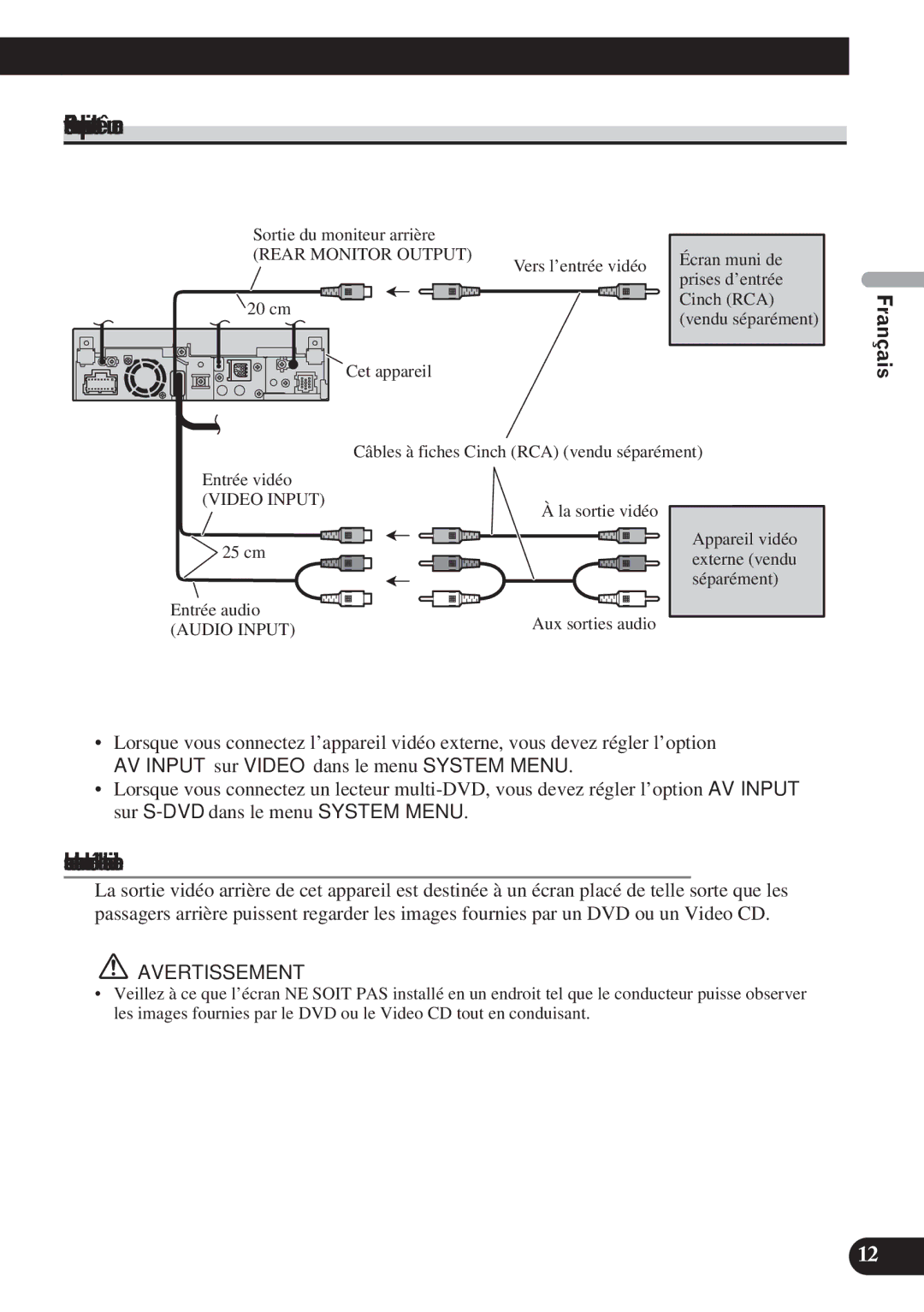 Pioneer AVH-P5100DVD installation manual Raccordements à un appareil vidéo externe et à un écran, Español Français 