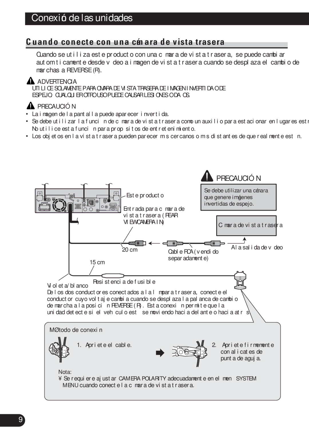 Pioneer AVH-P5100DVD installation manual Cuando conecte con una cámara de vista trasera, Precaución 