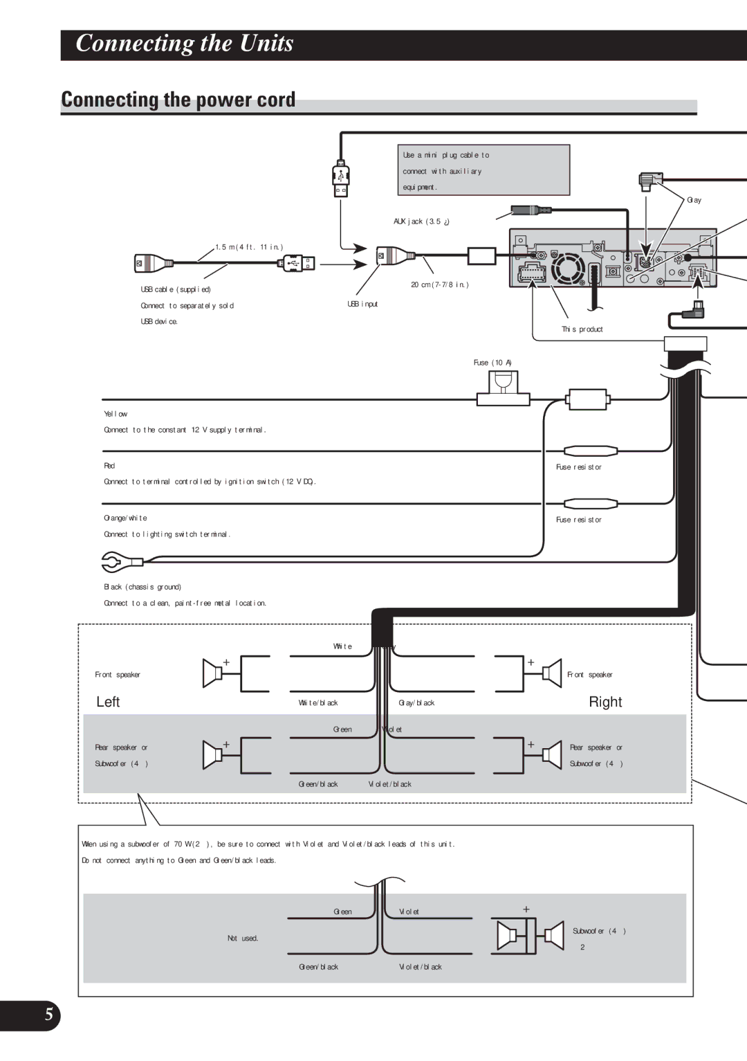 Pioneer AVH-P5100DVD installation manual Connecting the power cord, Left, Right 