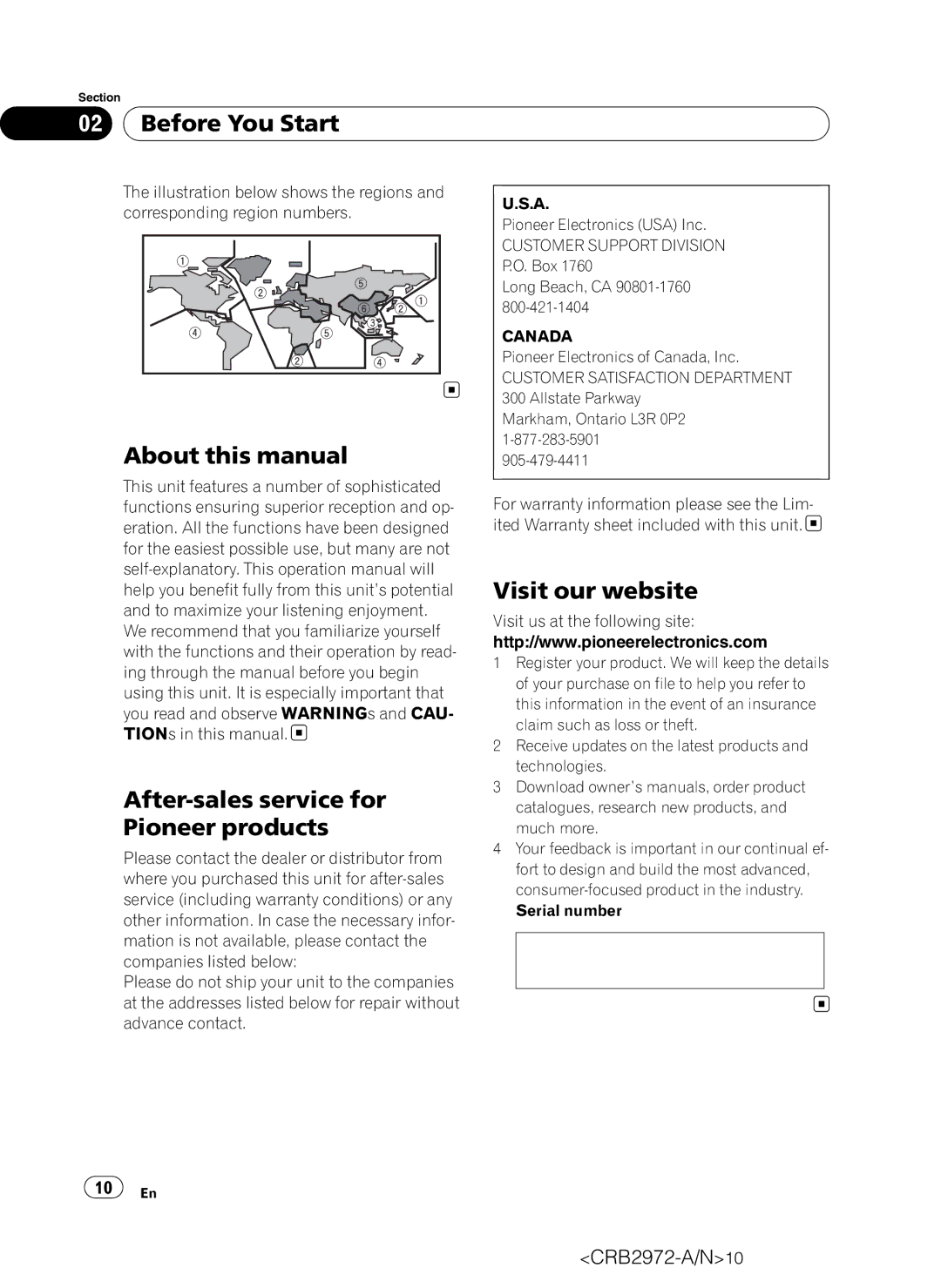 Pioneer AVH-P5100DVD operation manual About this manual After-sales service for Pioneer products, Visit our website, Canada 