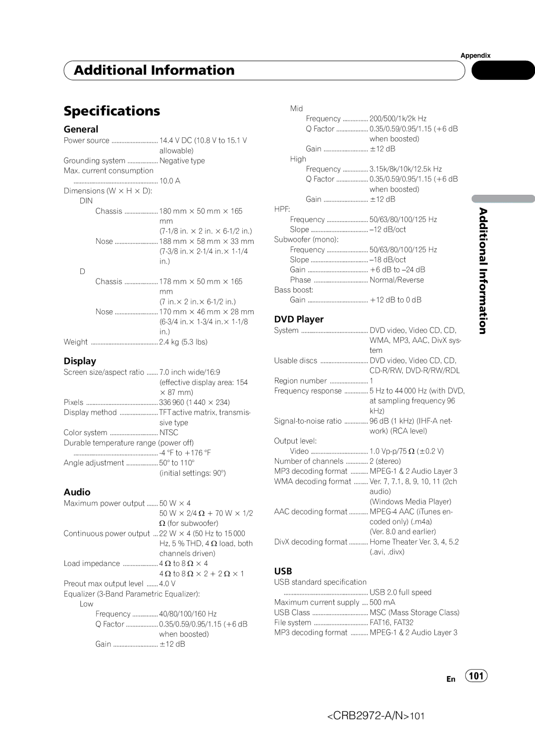 Pioneer AVH-P5100DVD operation manual Additional Information Specifications, General, DVD Player, Audio, Usb 