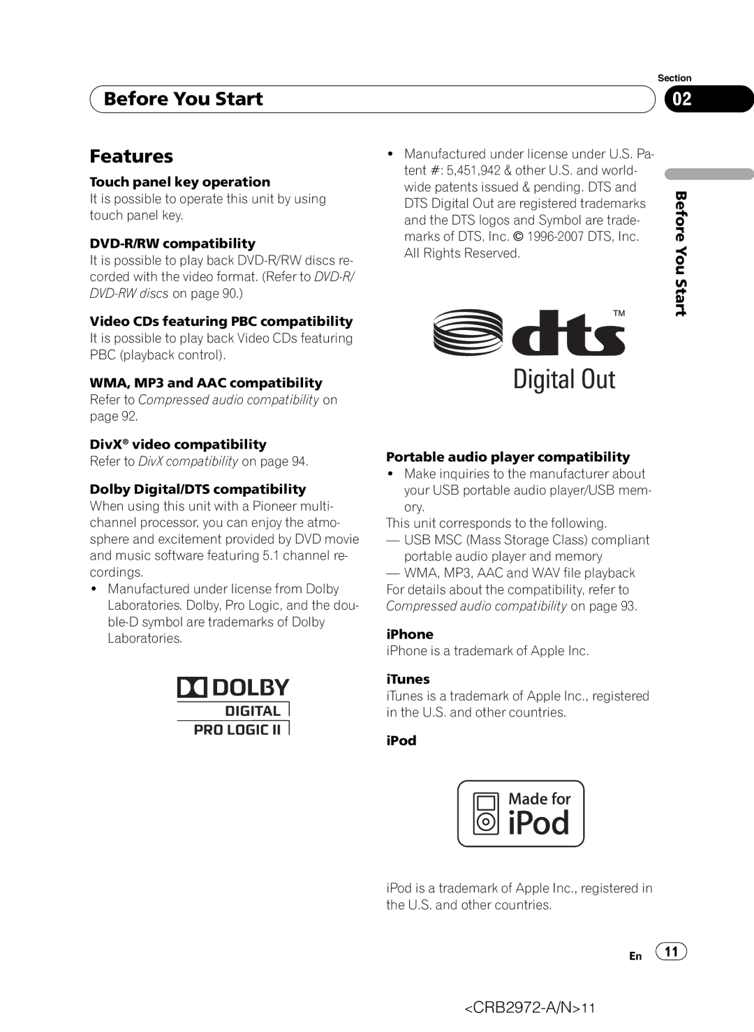 Pioneer AVH-P5100DVD operation manual Before You Start Features 