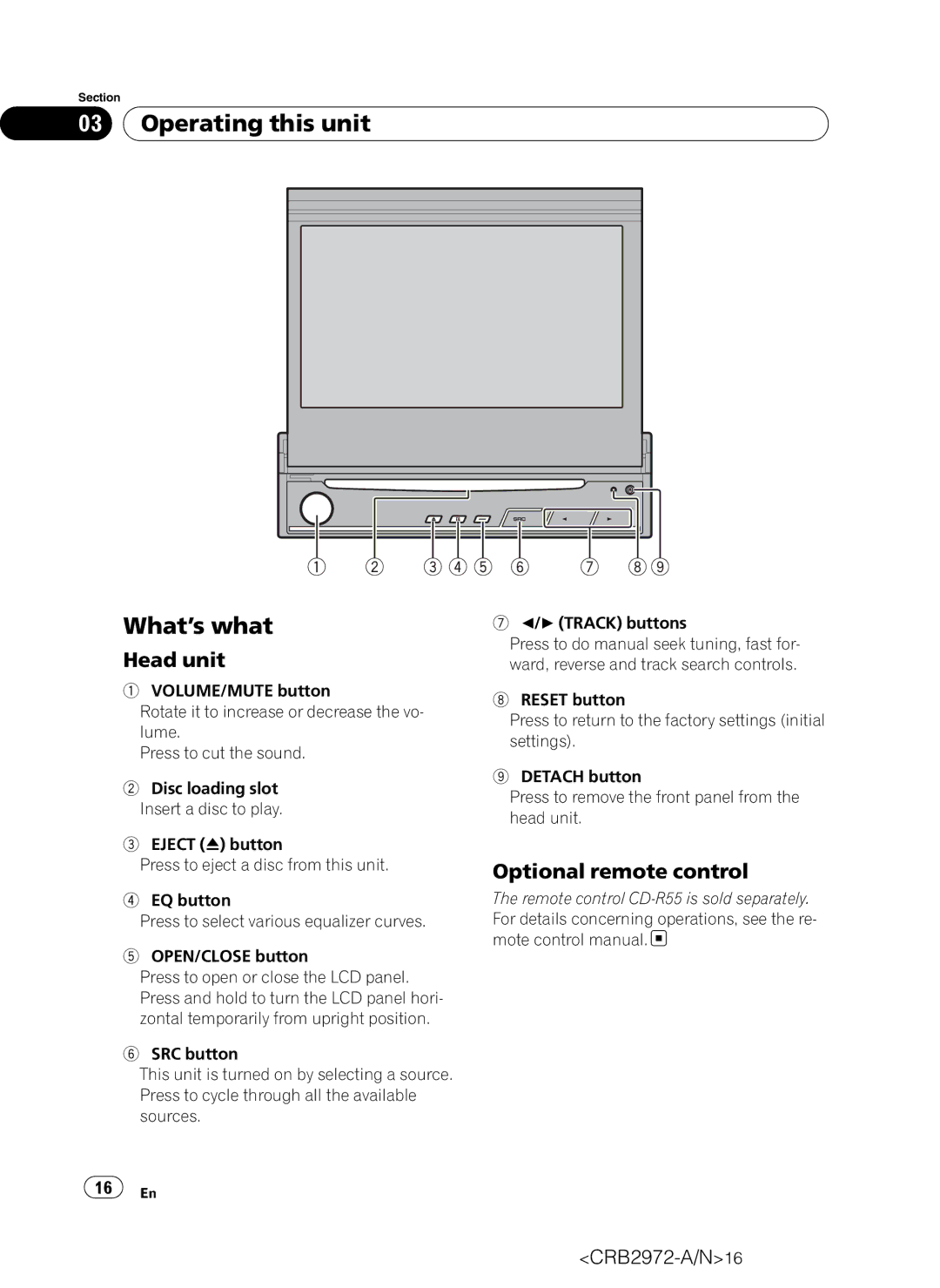 Pioneer AVH-P5100DVD operation manual Operating this unit What’s what, Head unit, Optional remote control 