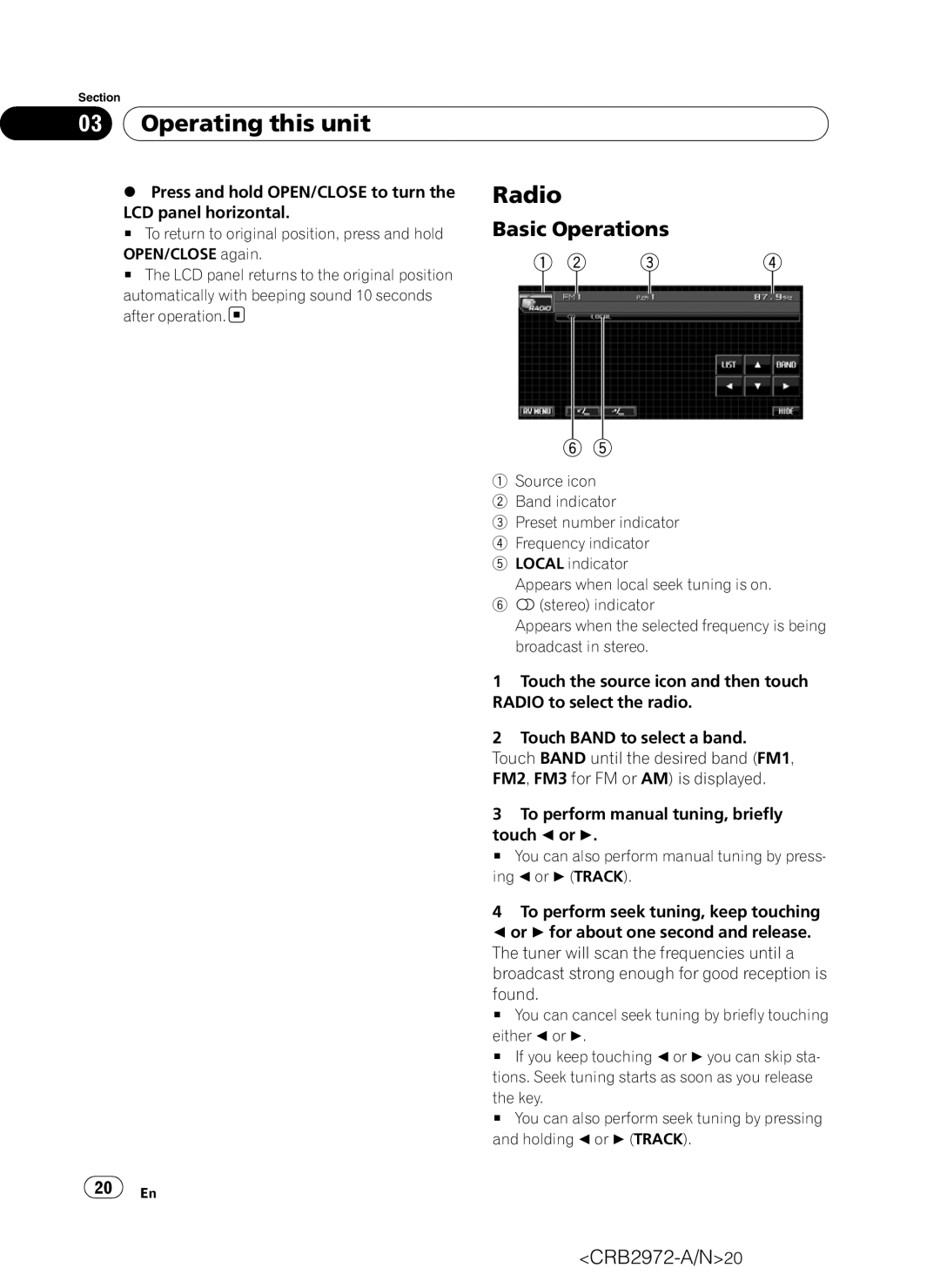 Pioneer AVH-P5100DVD operation manual Radio, Basic Operations, Press and hold OPEN/CLOSE to turn, LCD panel horizontal 