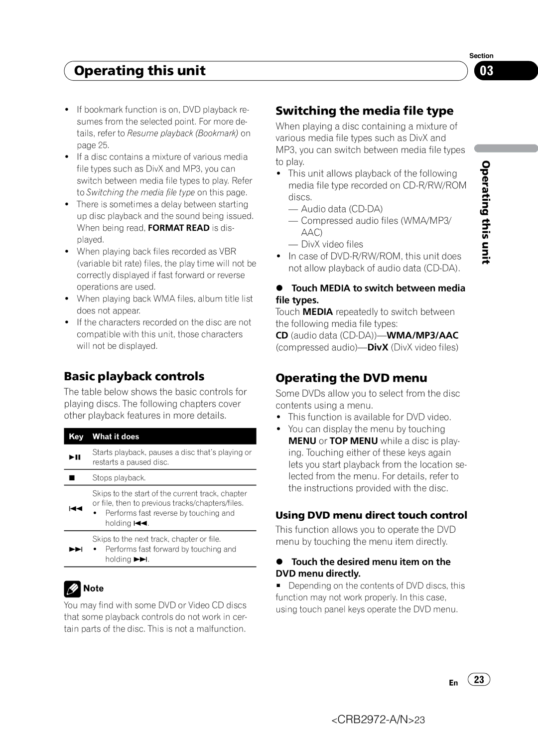 Pioneer AVH-P5100DVD operation manual Switching the media file type, Basic playback controls, Operating the DVD menu 