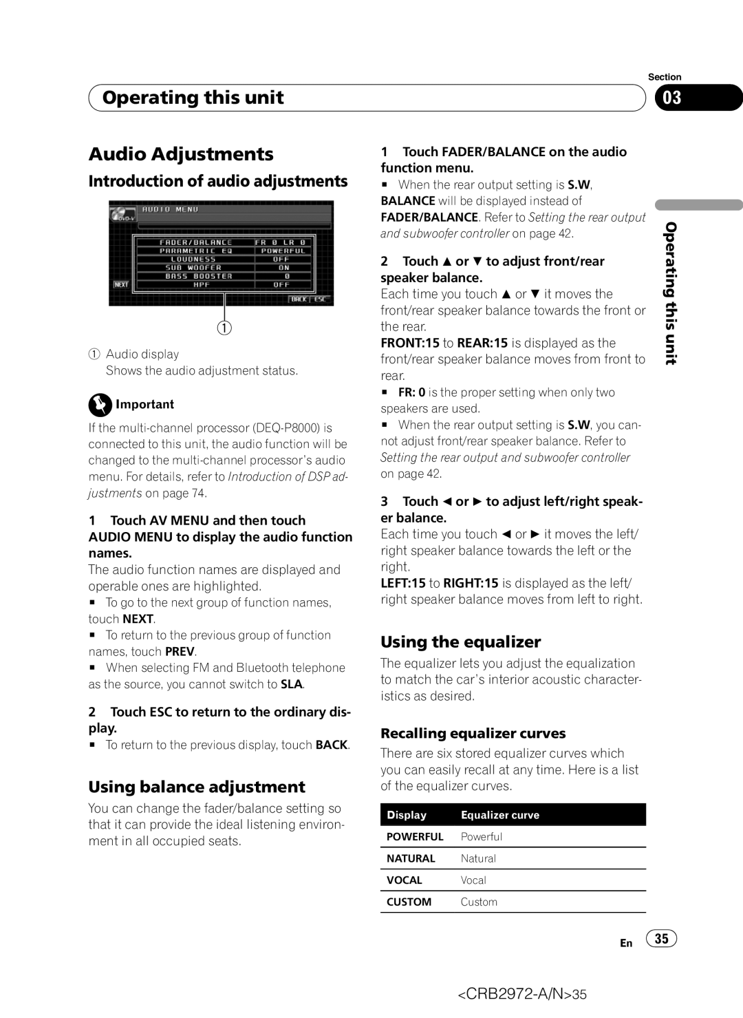 Pioneer AVH-P5100DVD Operating this unit Audio Adjustments, Introduction of audio adjustments, Using balance adjustment 