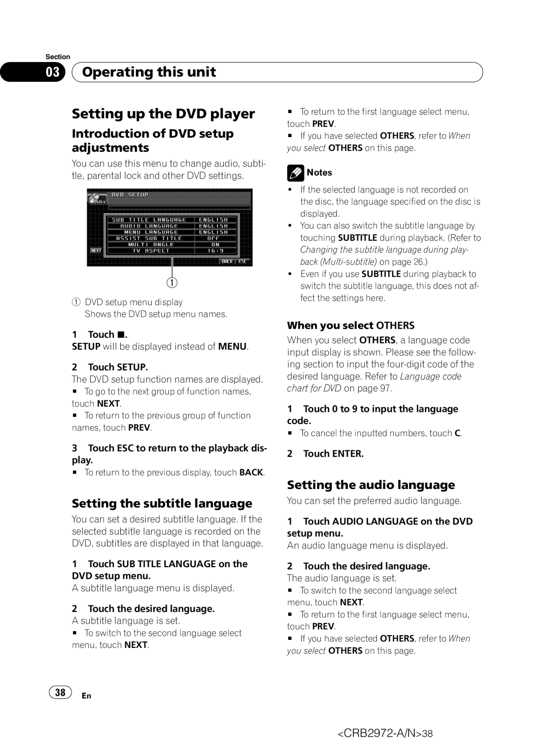 Pioneer AVH-P5100DVD operation manual Operating this unit Setting up the DVD player, Introduction of DVD setup, Adjustments 