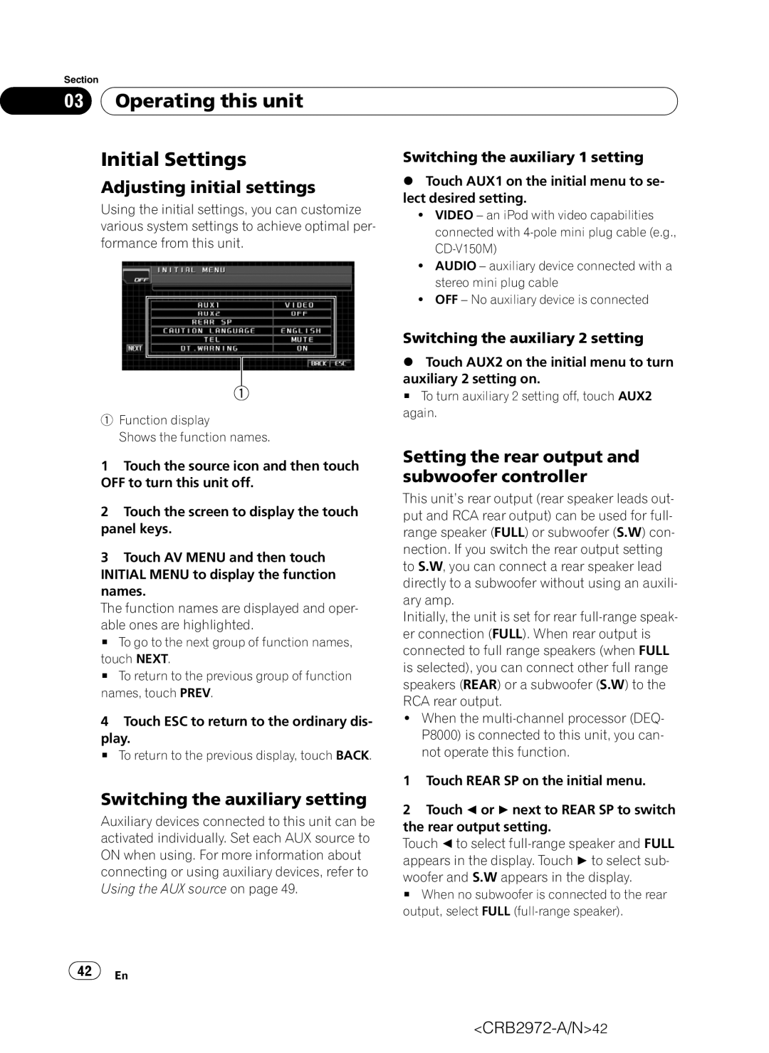 Pioneer AVH-P5100DVD Operating this unit Initial Settings, Adjusting initial settings, Switching the auxiliary setting 