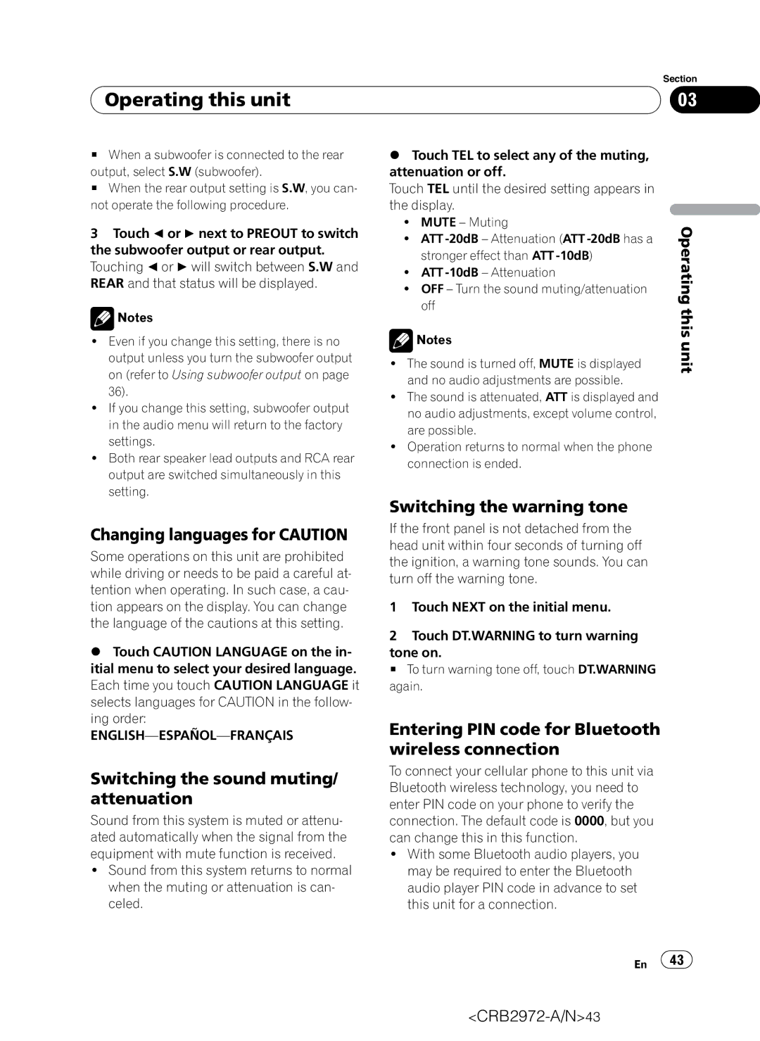 Pioneer AVH-P5100DVD Changing languages for Caution, Switching the sound muting/ attenuation, Switching the warning tone 