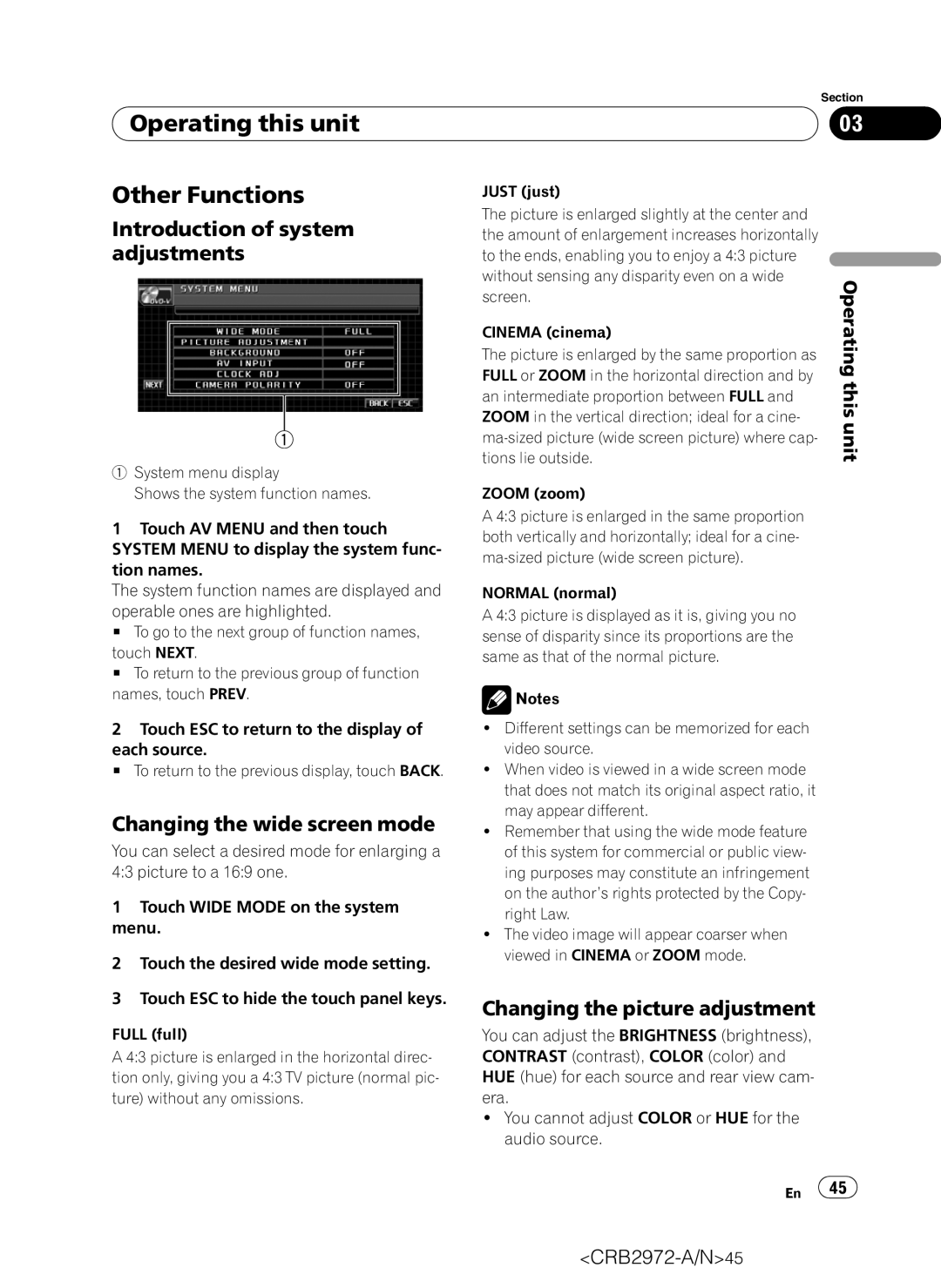 Pioneer AVH-P5100DVD Operating this unit Other Functions, Introduction of system, Changing the wide screen mode 