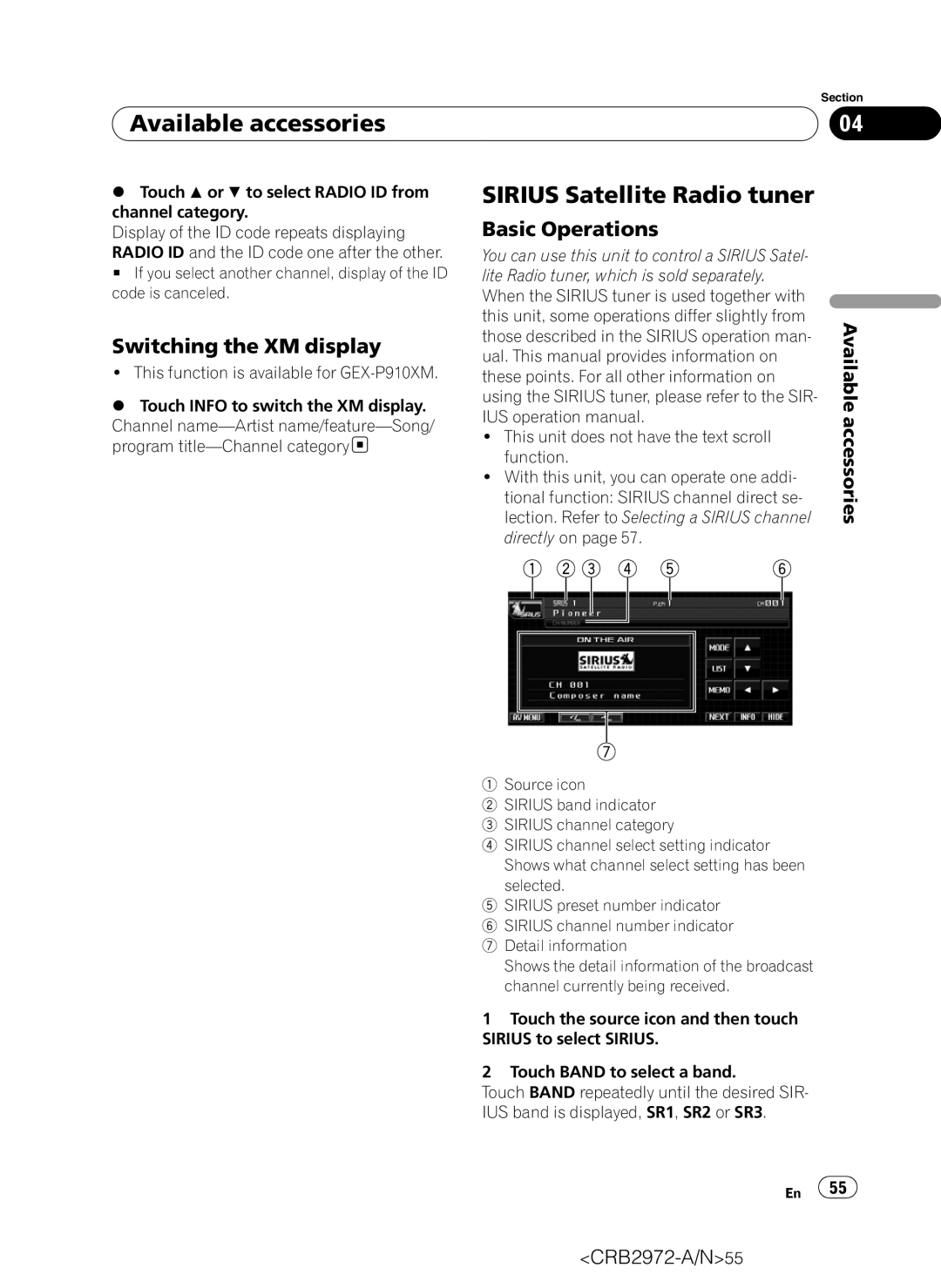 Pioneer AVH-P5100DVD operation manual Sirius Satellite Radio tuner, Switching the XM display 