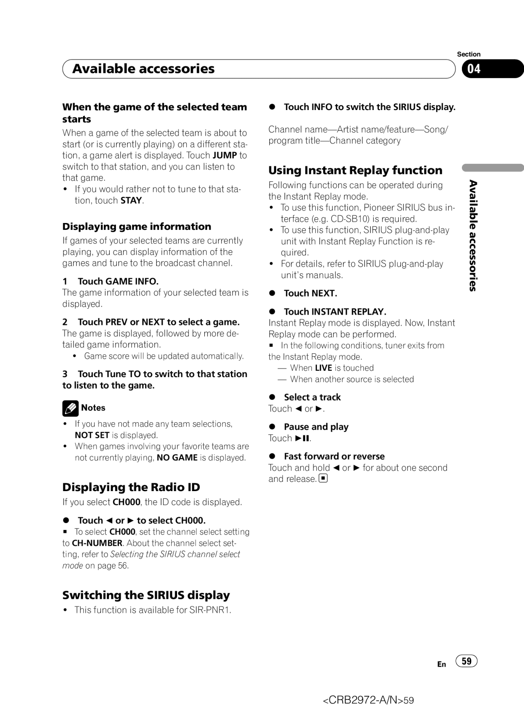 Pioneer AVH-P5100DVD Switching the Sirius display, Using Instant Replay function, Displaying game information 