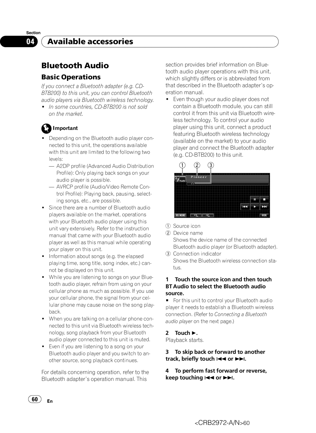 Pioneer AVH-P5100DVD operation manual Available accessories Bluetooth Audio 