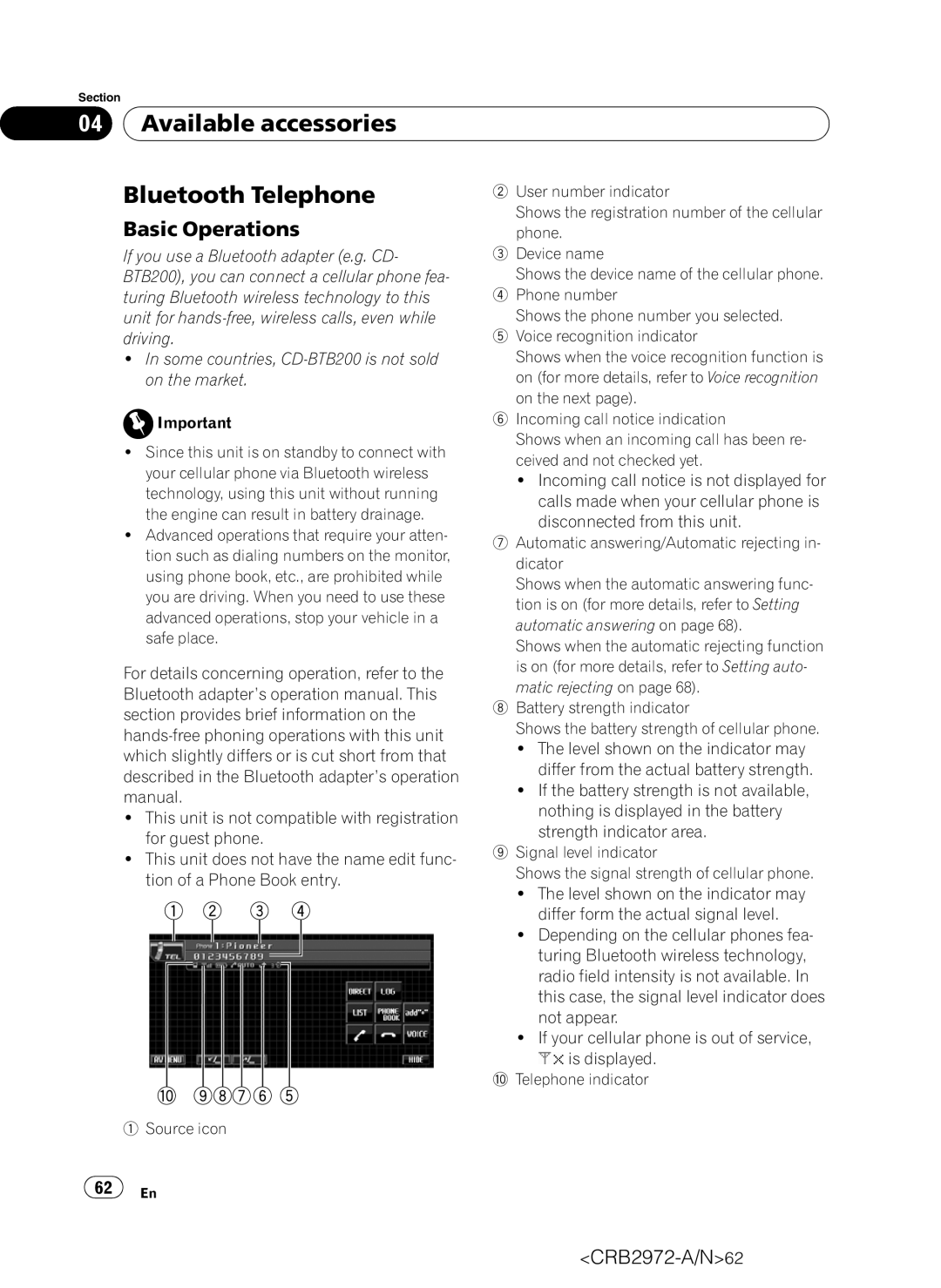 Pioneer AVH-P5100DVD operation manual Available accessories Bluetooth Telephone 