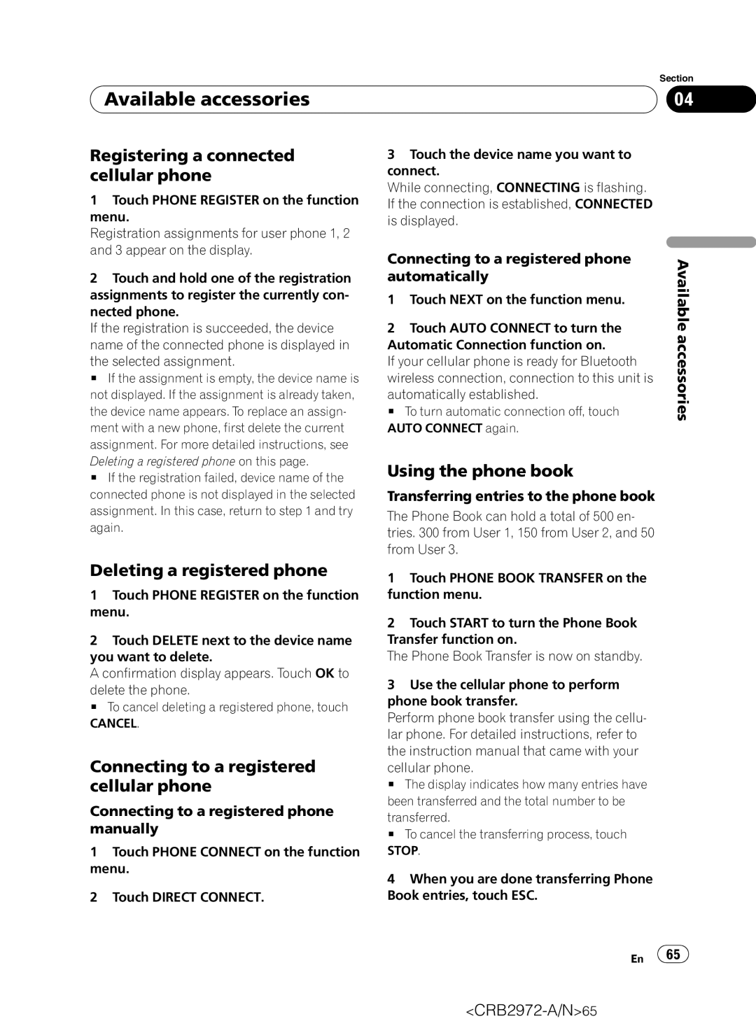 Pioneer AVH-P5100DVD operation manual Registering a connected cellular phone, Deleting a registered phone 