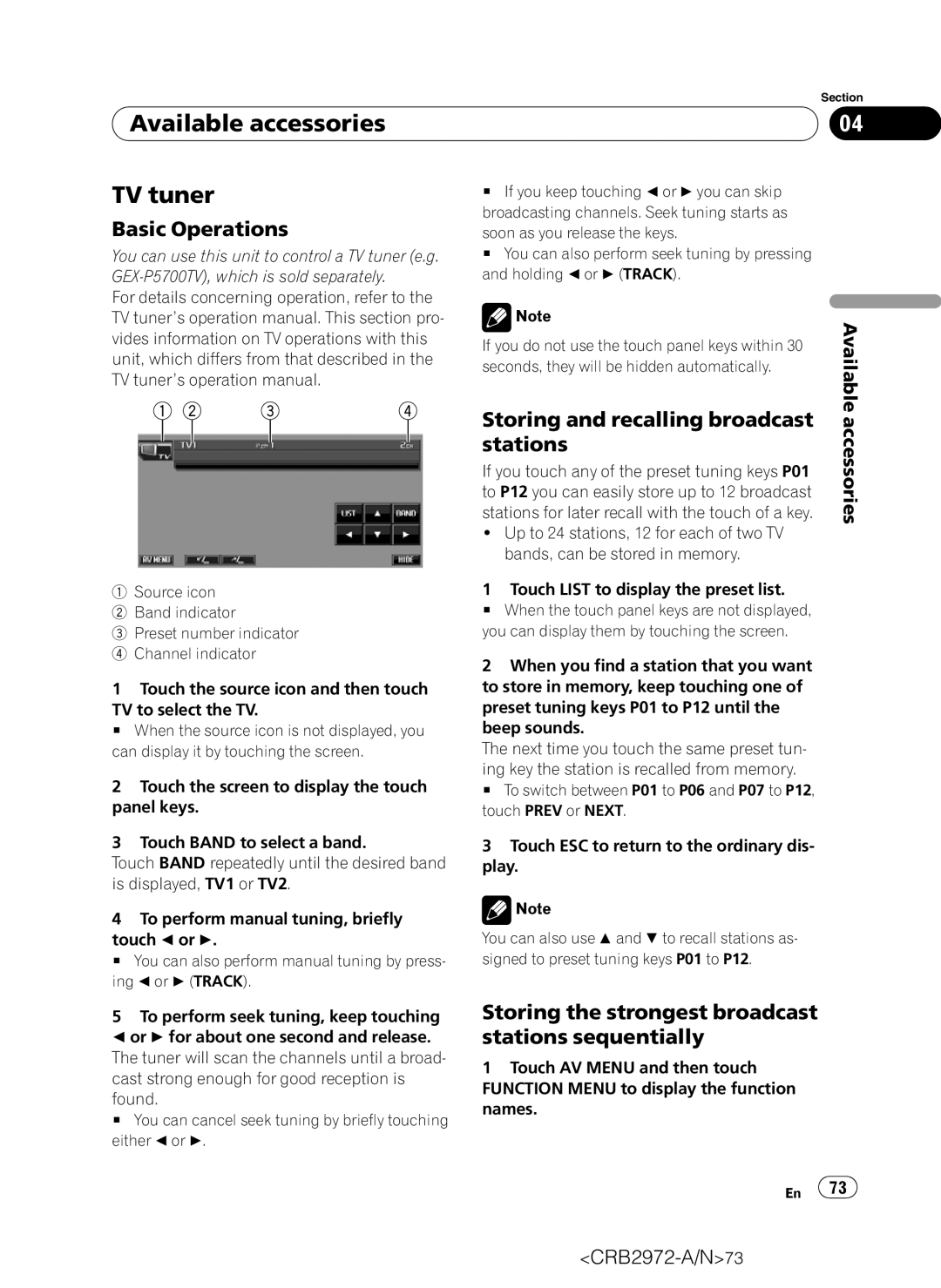 Pioneer AVH-P5100DVD operation manual Available accessories TV tuner, Storing the strongest broadcast stations sequentially 