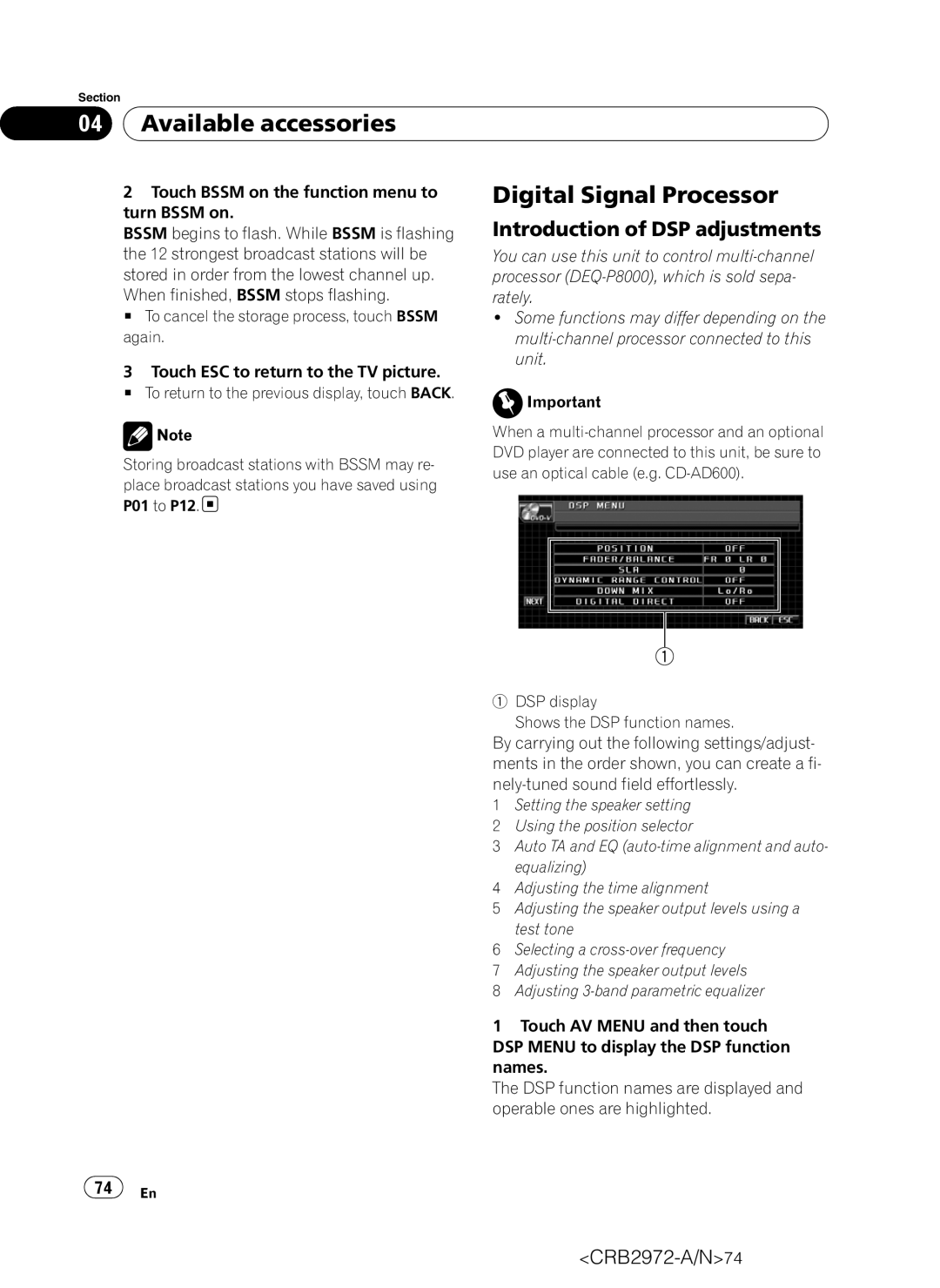 Pioneer AVH-P5100DVD operation manual Digital Signal Processor, Introduction of DSP adjustments 