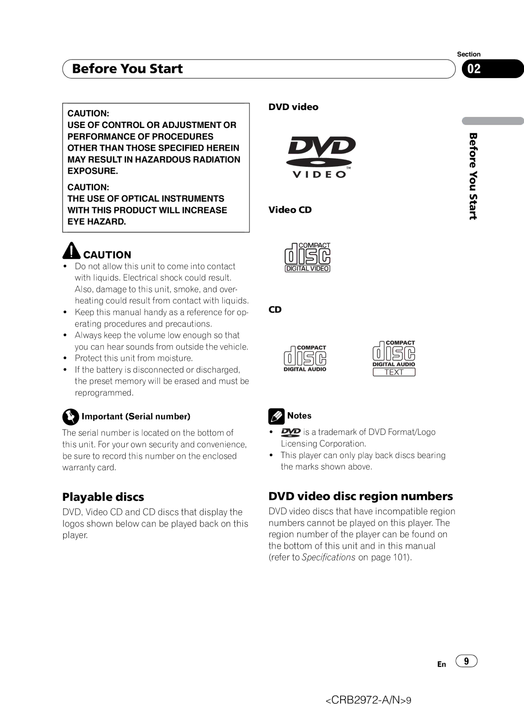 Pioneer AVH-P5100DVD operation manual Before You Start, Playable discs, DVD video disc region numbers 