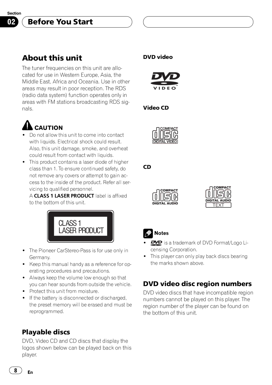 Pioneer AVH-P5700DVD operation manual Class 1 Laser Product 