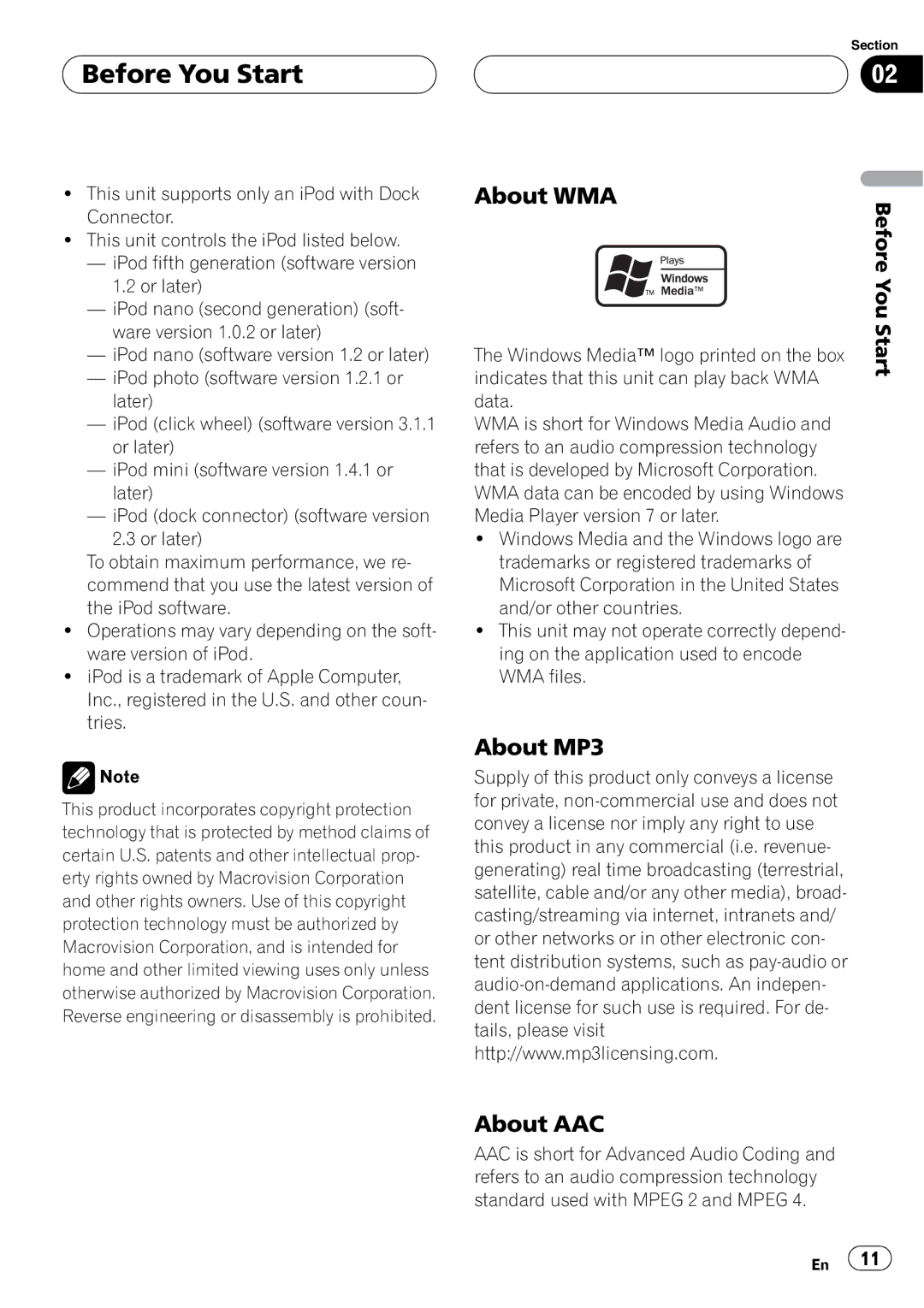 Pioneer AVH-P5900D operation manual About WMA, About MP3 About AAC, Start, Windows Media logo printed on the box 