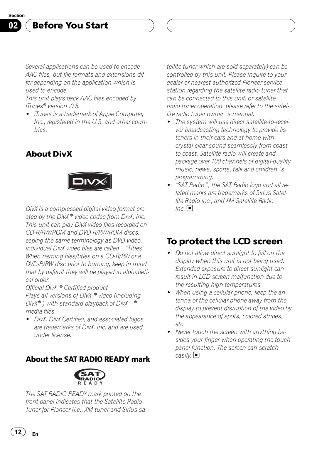 Pioneer AVH-P5900D operation manual To protect the LCD screen, About DivX, About the SAT Radio Ready mark 