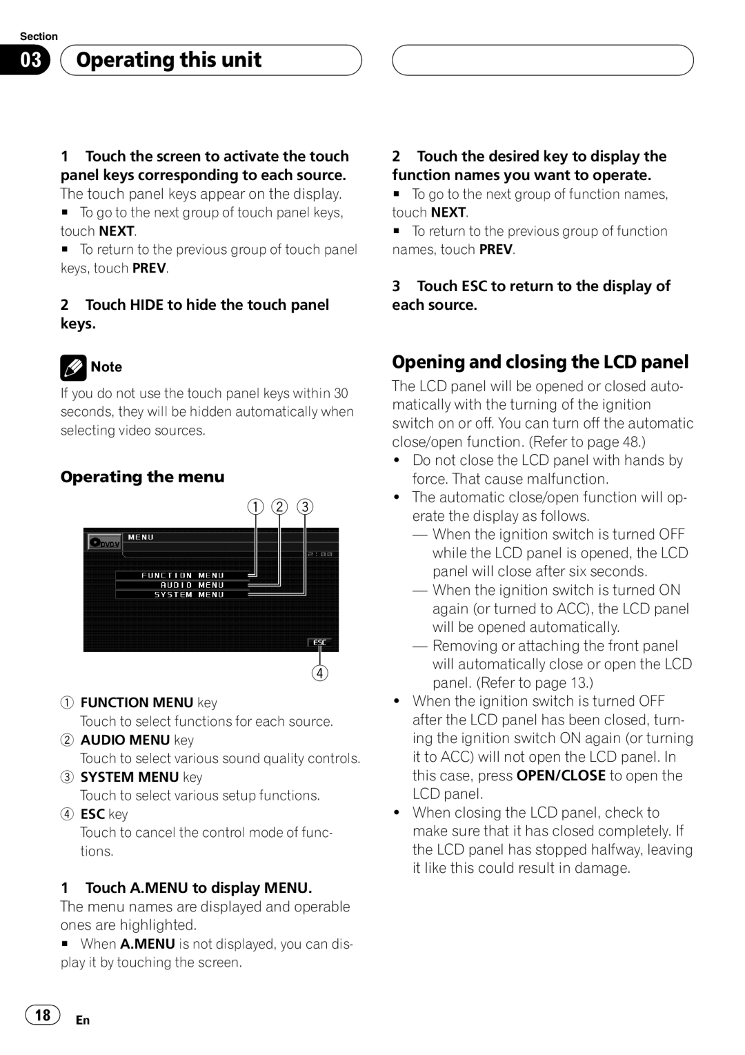 Pioneer AVH-P5900D operation manual Opening and closing the LCD panel, Operating the menu 