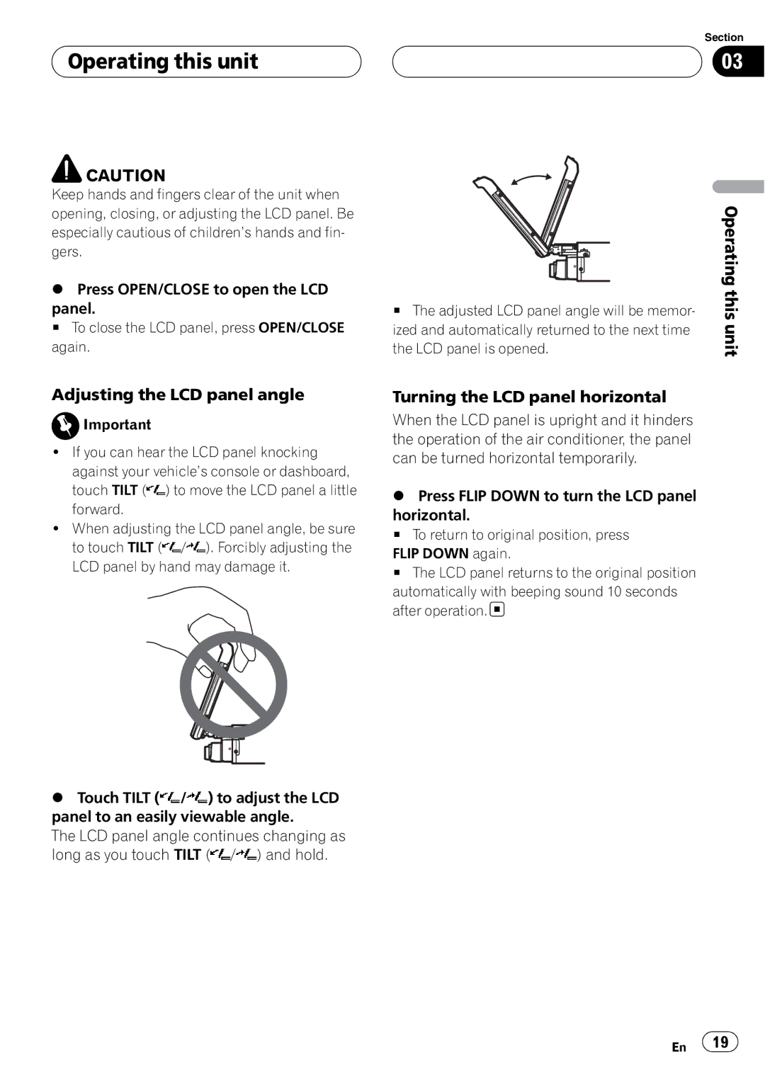 Pioneer AVH-P5900D operation manual Adjusting the LCD panel angle, Turning the LCD panel horizontal 