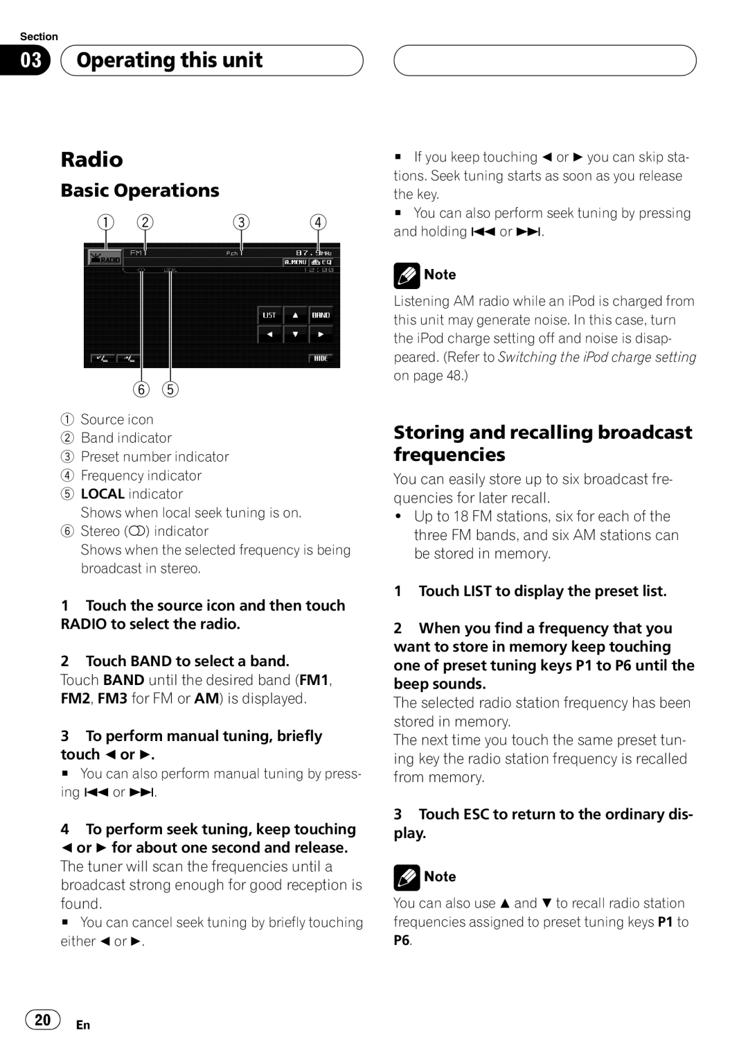 Pioneer AVH-P5900D Operating this unit Radio, Basic Operations, Storing and recalling broadcast frequencies 