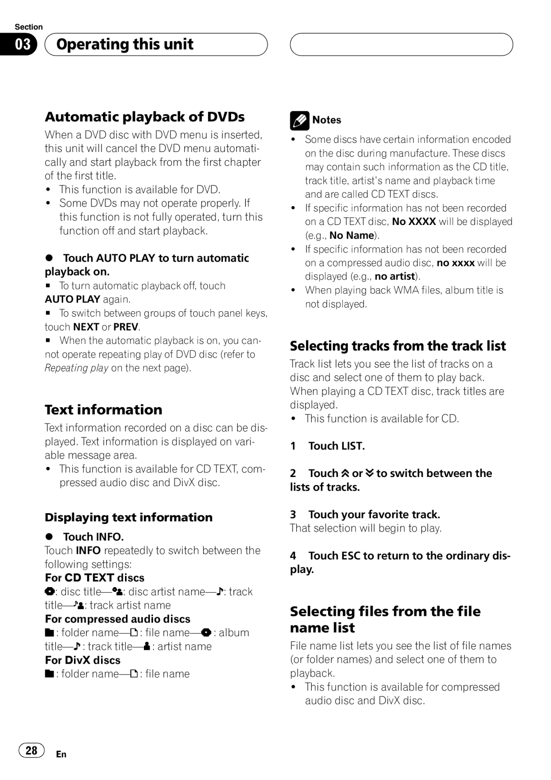 Pioneer AVH-P5900D operation manual Automatic playback of DVDs, Text information, Selecting tracks from the track list 