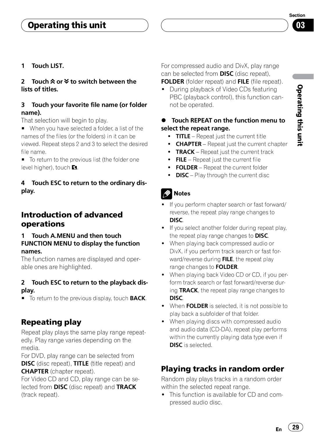 Pioneer AVH-P5900D operation manual Repeating play, Playing tracks in random order, During playback of Video CDs featuring 