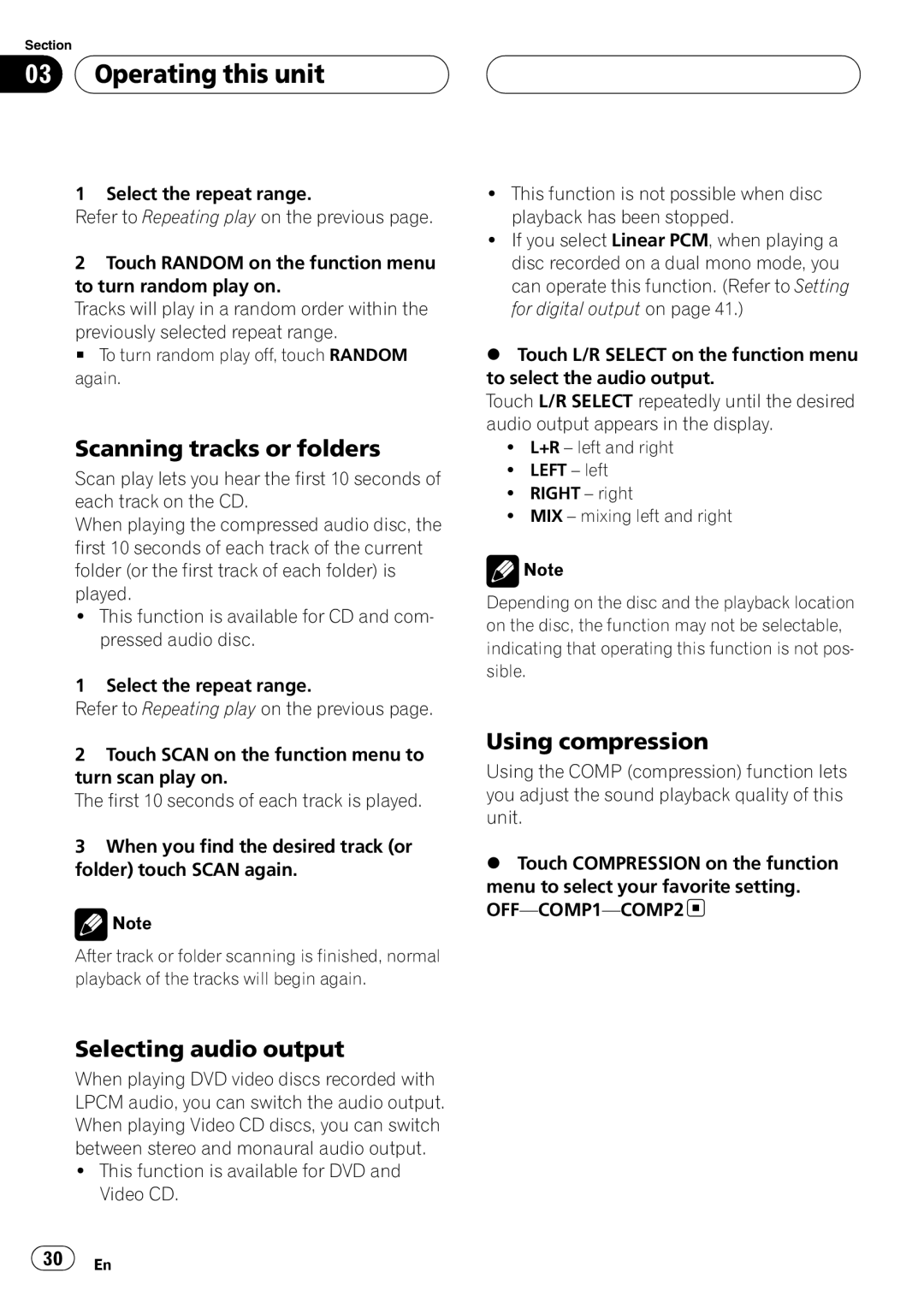 Pioneer AVH-P5900D operation manual Scanning tracks or folders, Selecting audio output, Using compression 