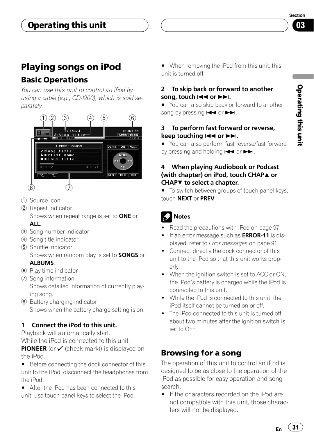 Pioneer AVH-P5900D operation manual Operating this unit Playing songs on iPod, Browsing for a song, Albums 