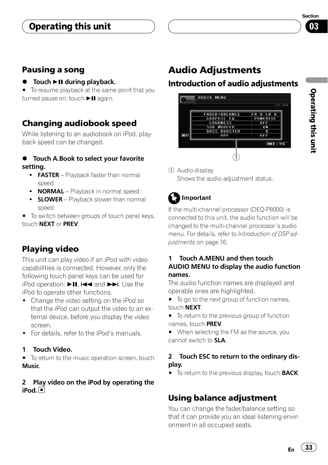 Pioneer AVH-P5900D operation manual Audio Adjustments 