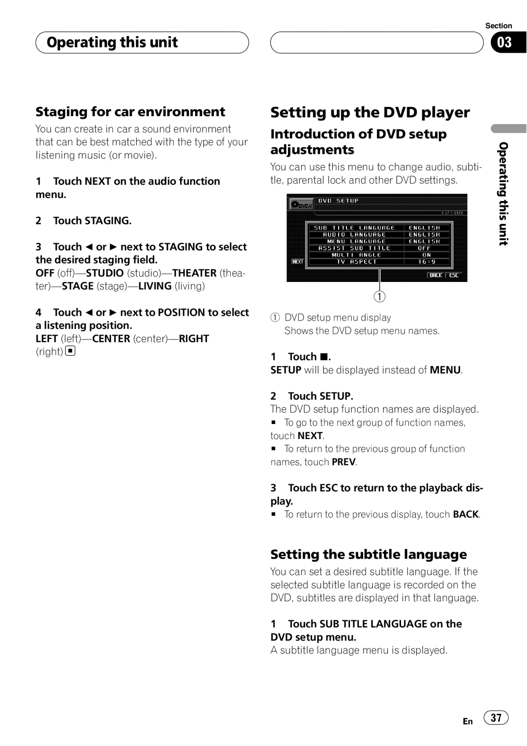 Pioneer AVH-P5900D operation manual Setting up the DVD player, Staging for car environment, Introduction of DVD setup 