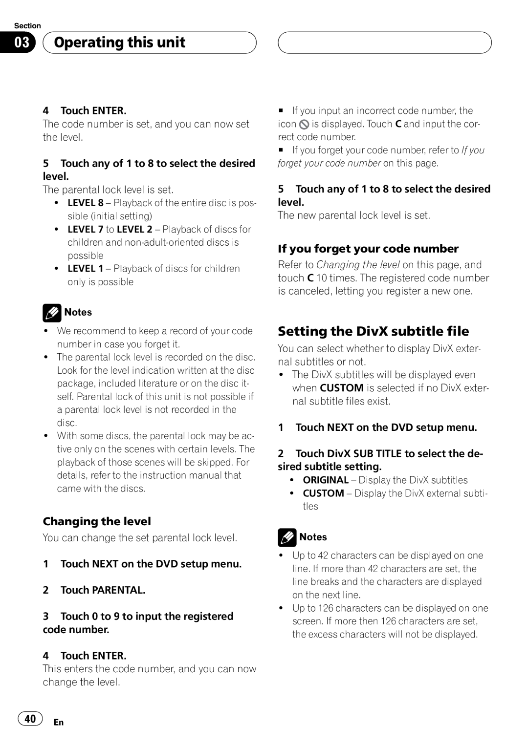 Pioneer AVH-P5900D operation manual Setting the DivX subtitle file, Changing the level, If you forget your code number 