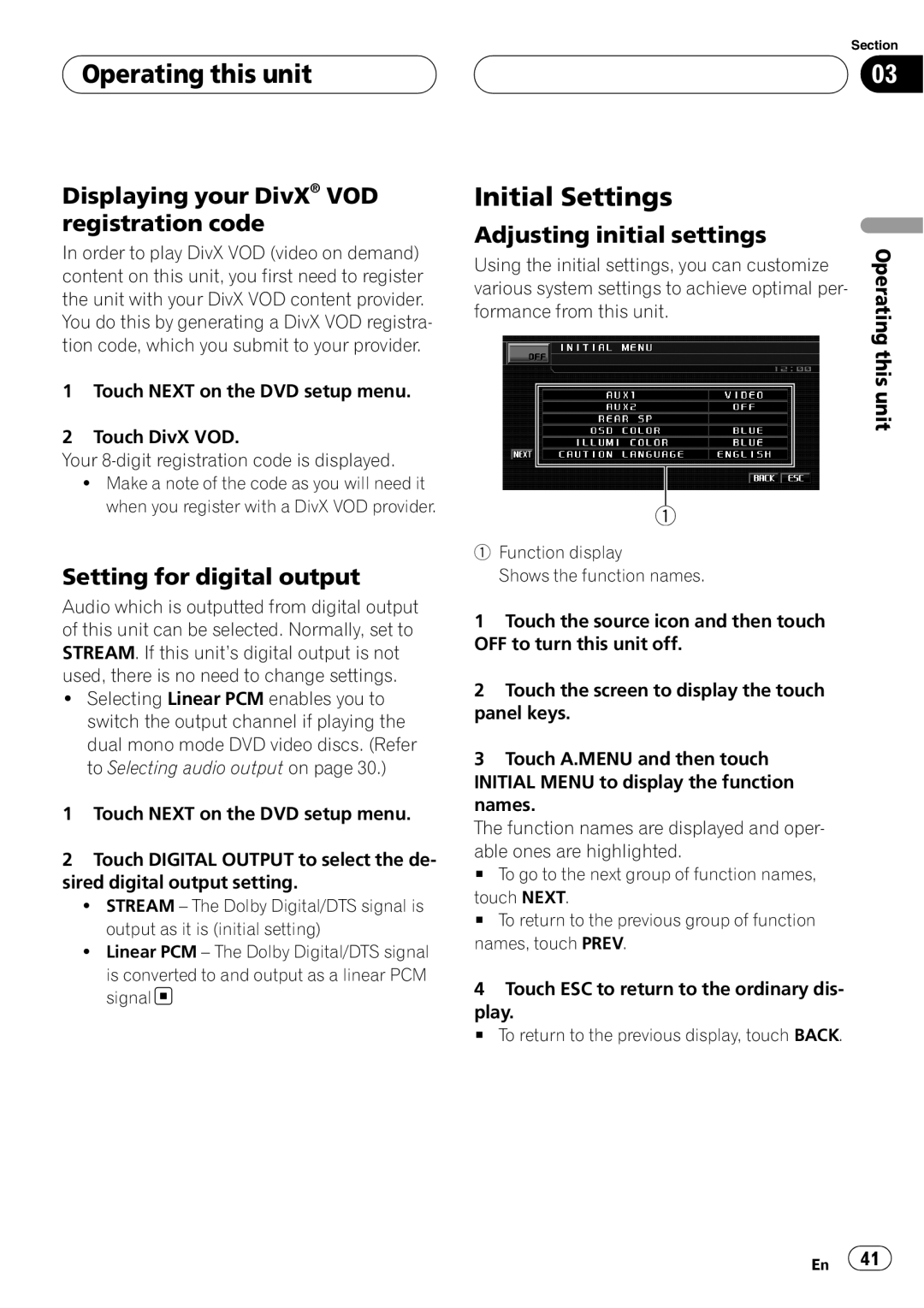 Pioneer AVH-P5900D Initial Settings, Displaying your DivX VOD registration code, Setting for digital output 